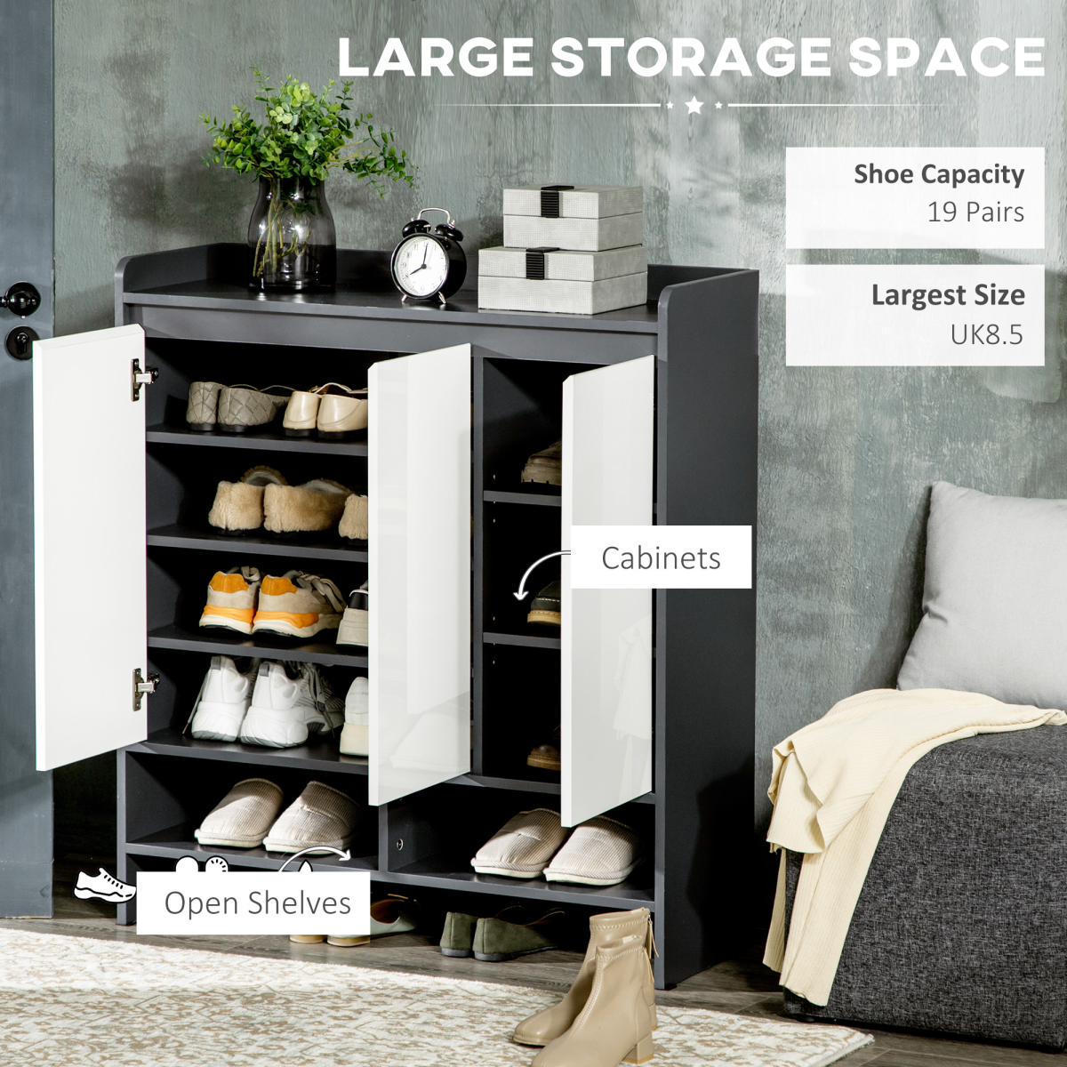Modern White Shoe Cupboard for Hallway with Open Shelves and Adjustable Shelving