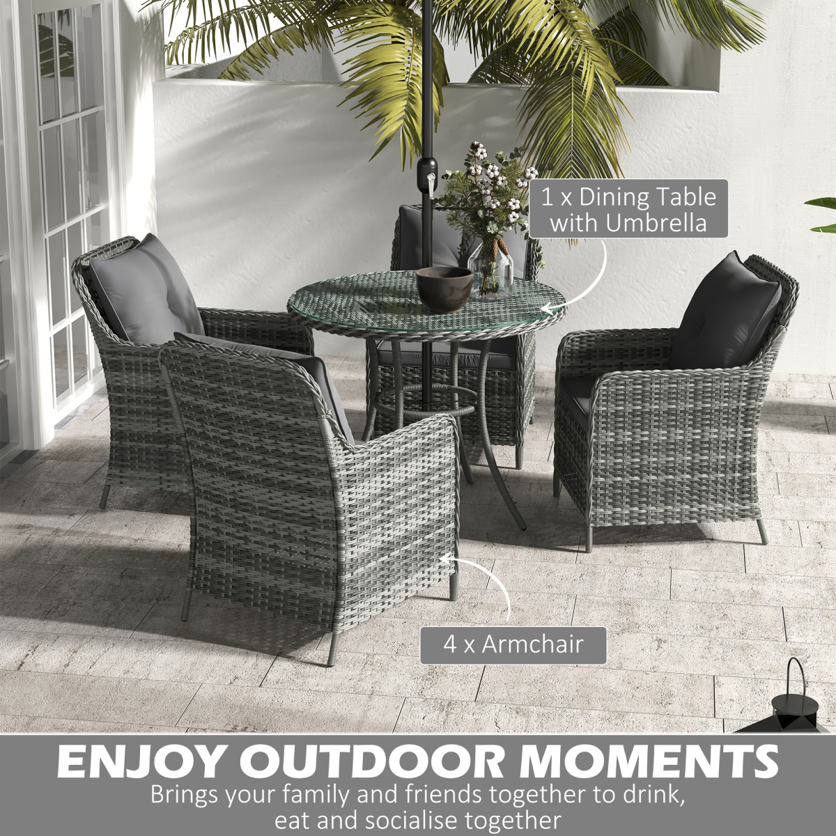 Outsunny 6 Pieces Rattan Garden Furniture with Umbrella, Cushions - Mix Grey