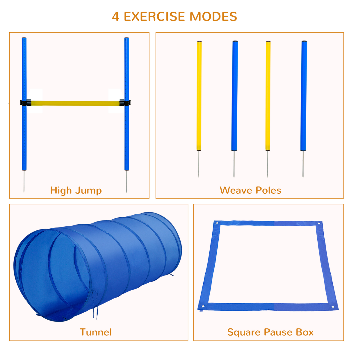 Pawhut Dog Agility Training Equipment with Poles, Hurdle, Tunnel, Adjustable Jump Height, Ground Spikes and Portable Bag