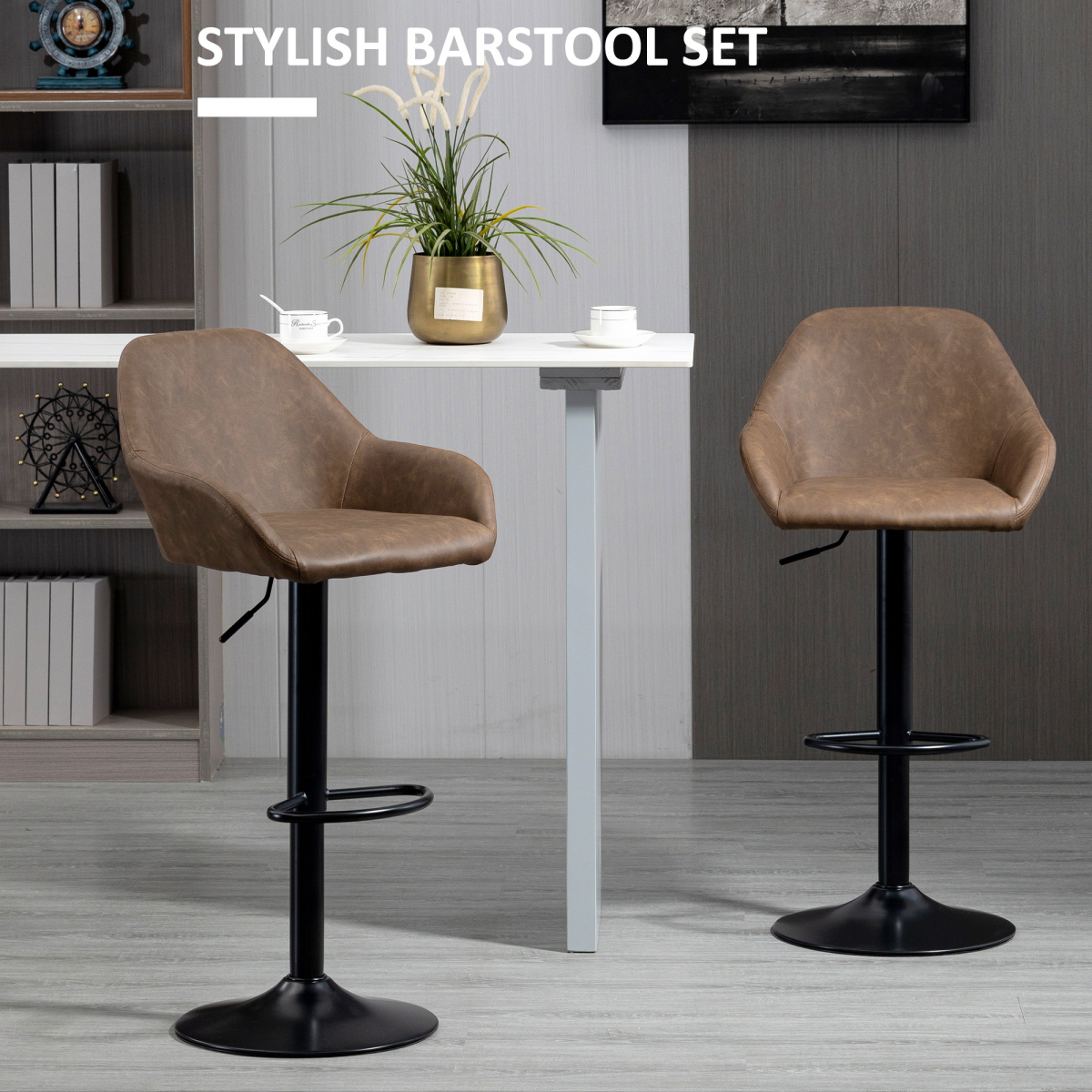 HOMCOM Set of 2 Swivel Bar Stools with Footrest and Backrest, Adjustable Height, PU Leather and Steel, Brown