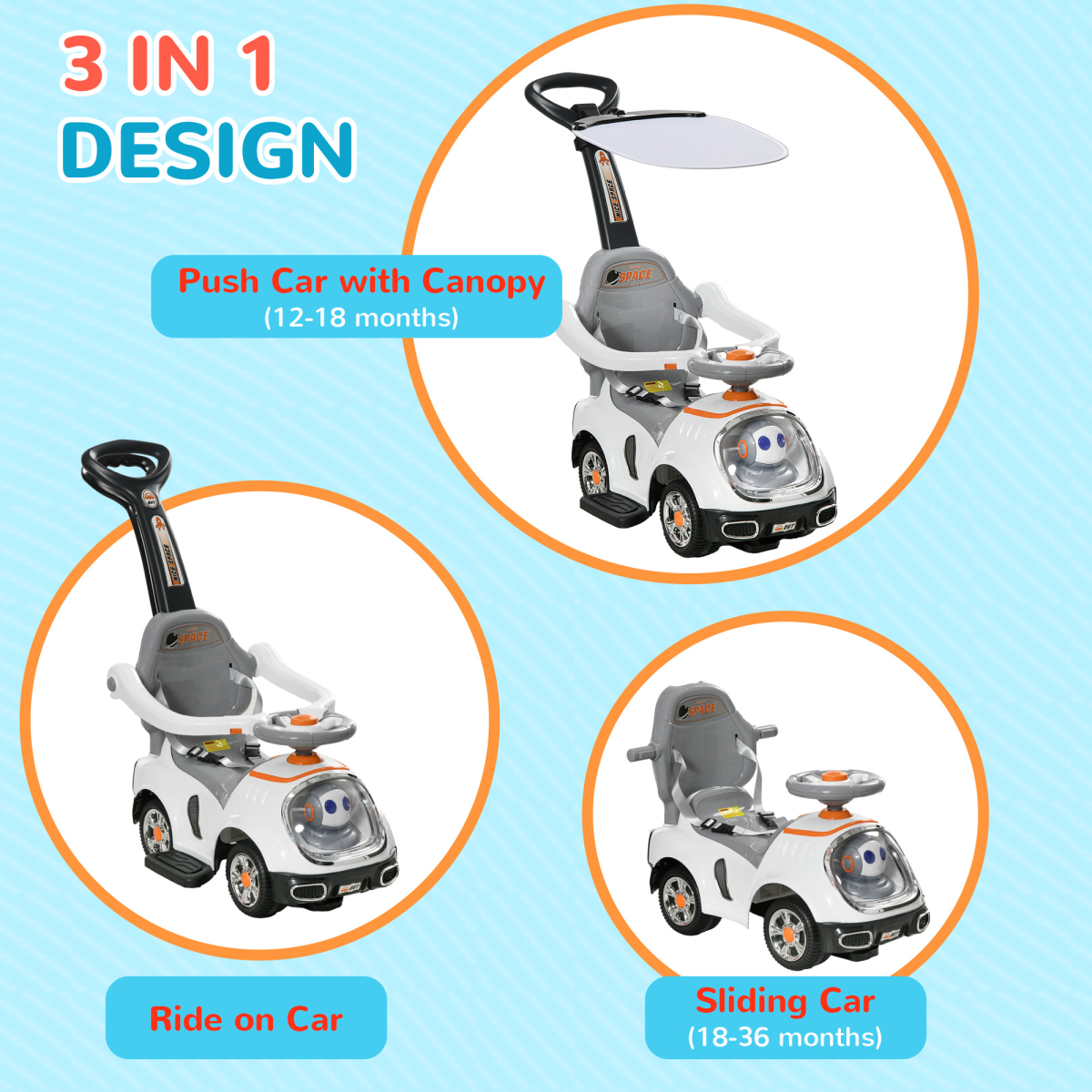 AIYAPLAY 3-in-1 Ride On Push Car with Light-Up Robot Design, White