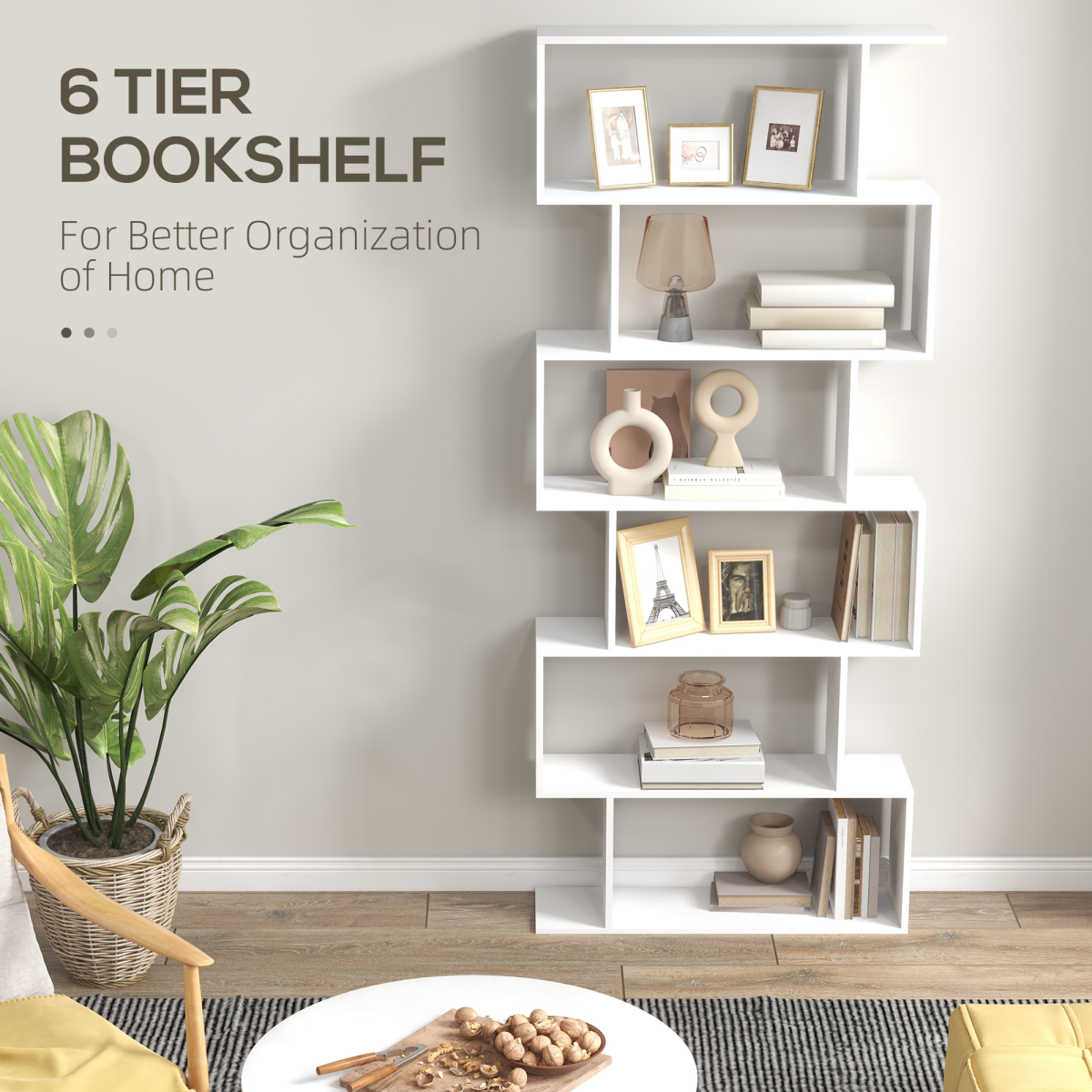 HOMCOM White 6-Tier Asymmetrical S-Shaped Particle Board Shelving Unit