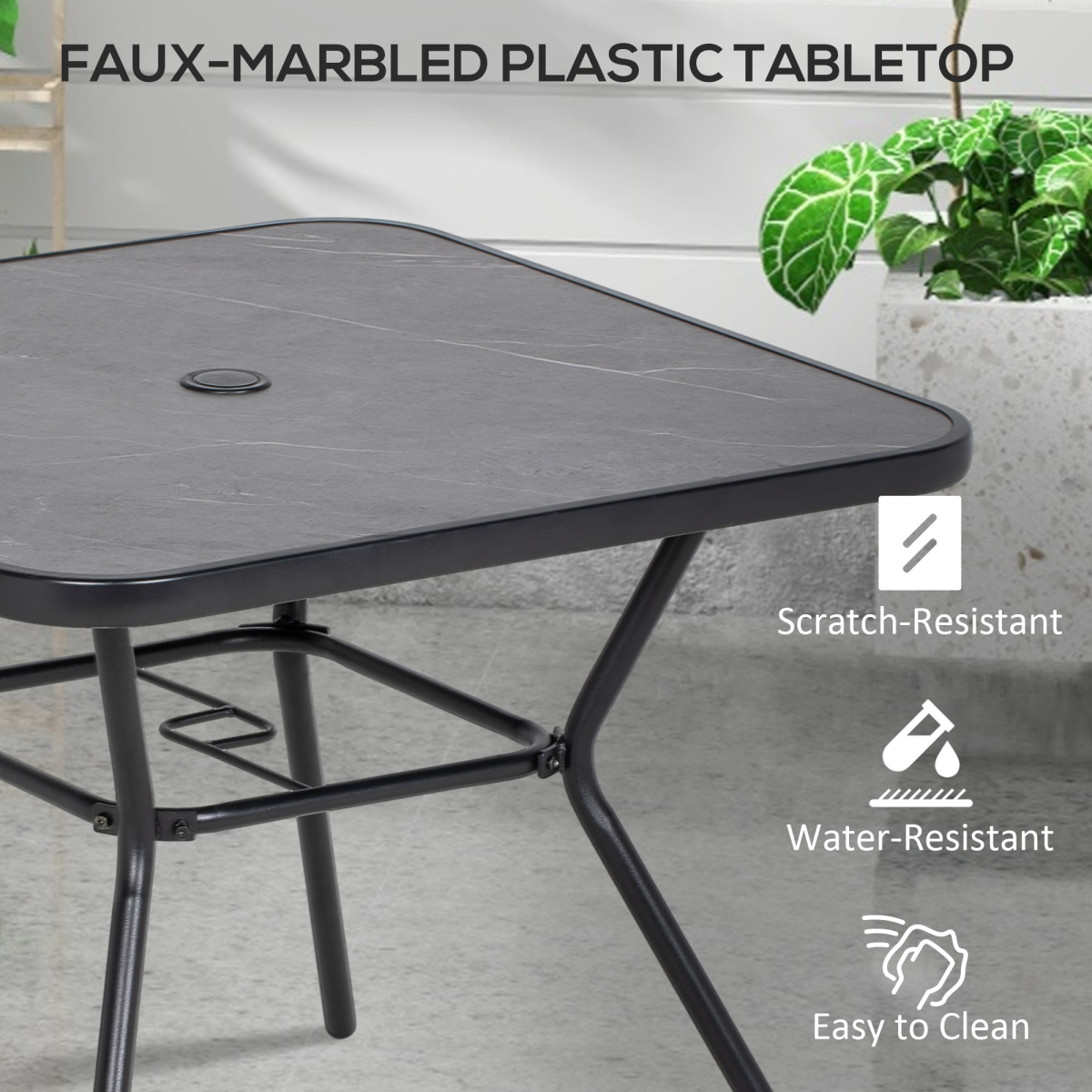 Outsunny Faux-Marbled Patio Table with 42mm Umbrella Hole Steel Frame 80 x 80 cm