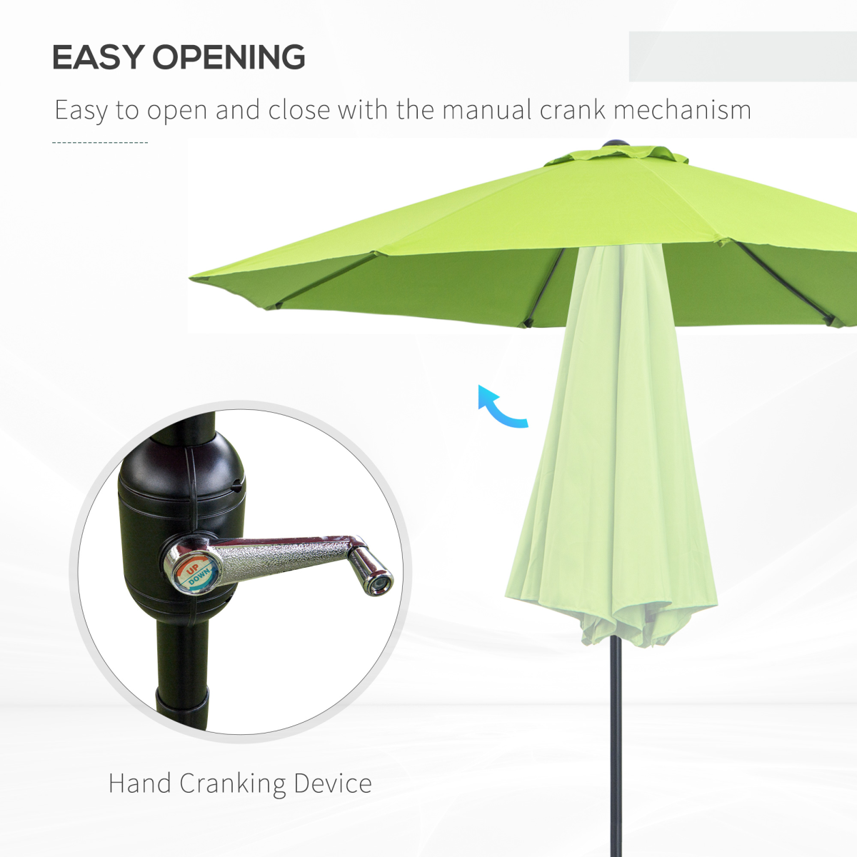 Outsunny 2.65m Patio Sun Umbrella Parasol with Tilt Canopy, Crank Handle, Powder Coated Aluminium Pole, Light Green