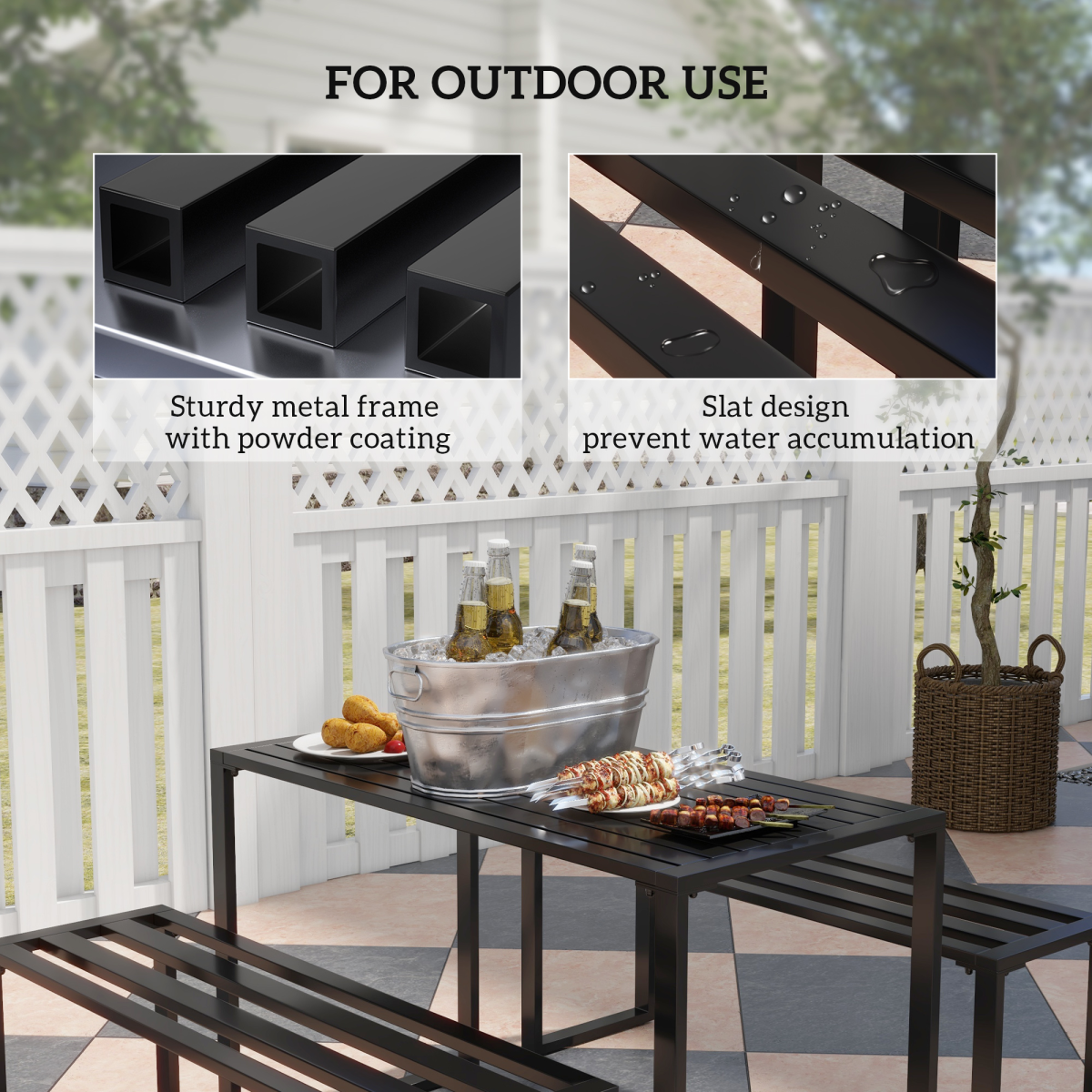 Outsunny 3-Piece Metal Table and Bench Set for 4 People, Black