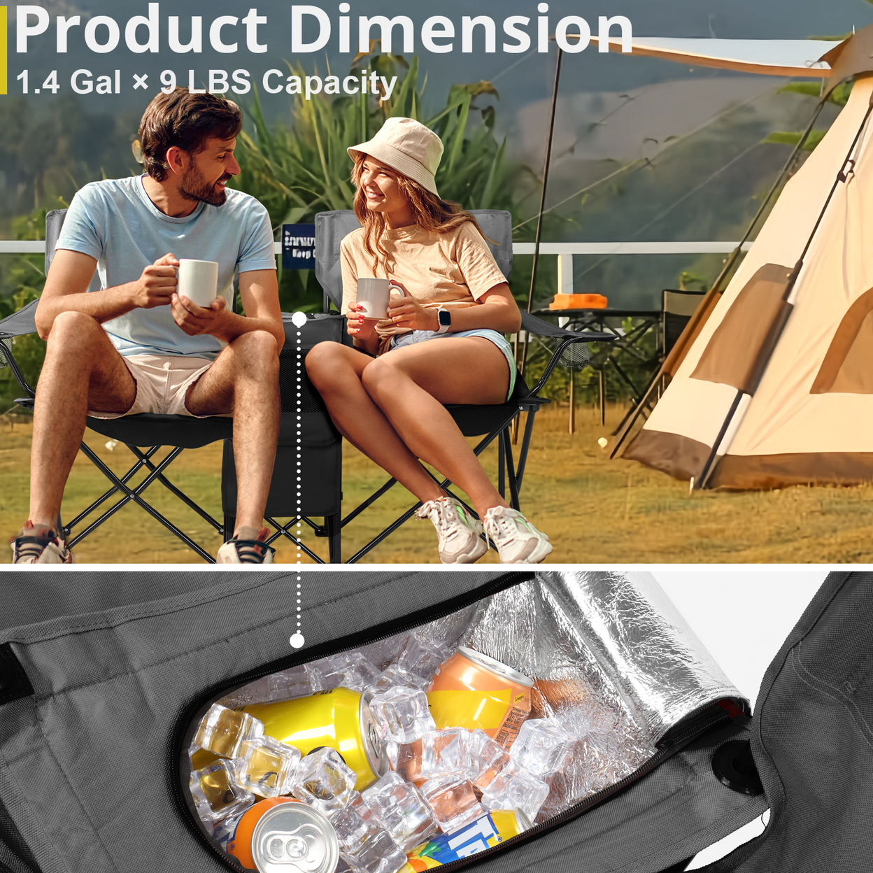Portable Outdoor 2-Seat Folding Chair with Removable Sun Umbrella, Black