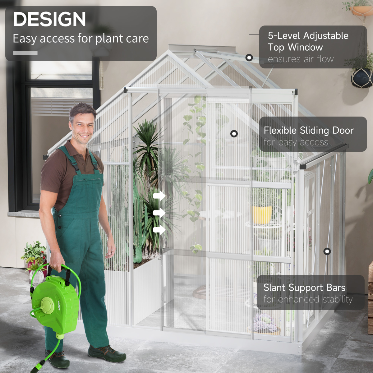 Outsunny 6 x 6 ft Walk-In Polycarbonate Greenhouse with Foundation, Sliding Door and Adjustable Window, Silver