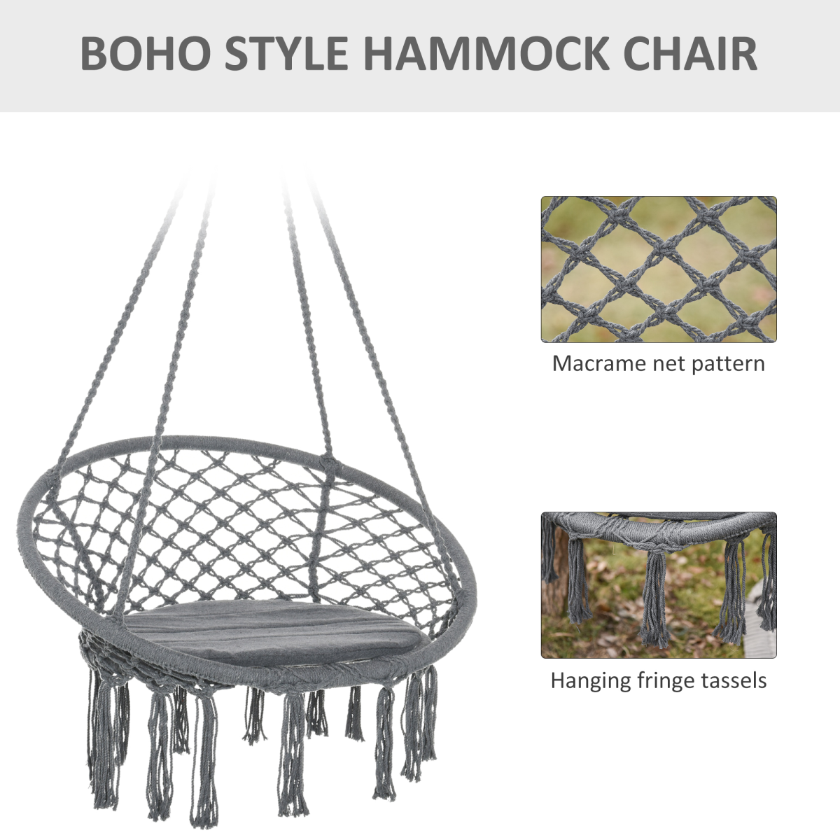 Outsunny Grey Macrame Hanging Chair Swing Hammock with Backrest, Padded Seat Cushion