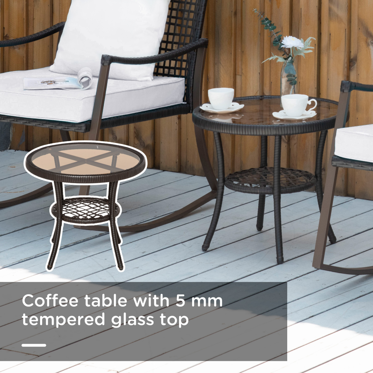 Outsunny 3-Piece Rocking Chair Bistro Set with Glass Table