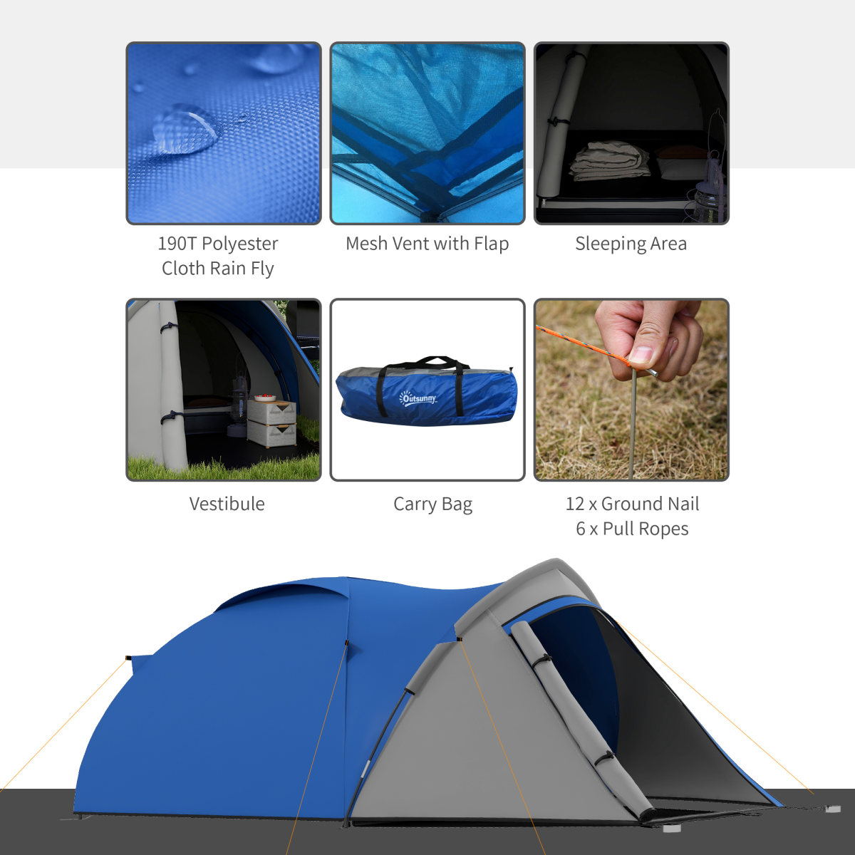Outsunny Compact Camping Tent with Vestibule & Mesh Vents for Hiking Blue