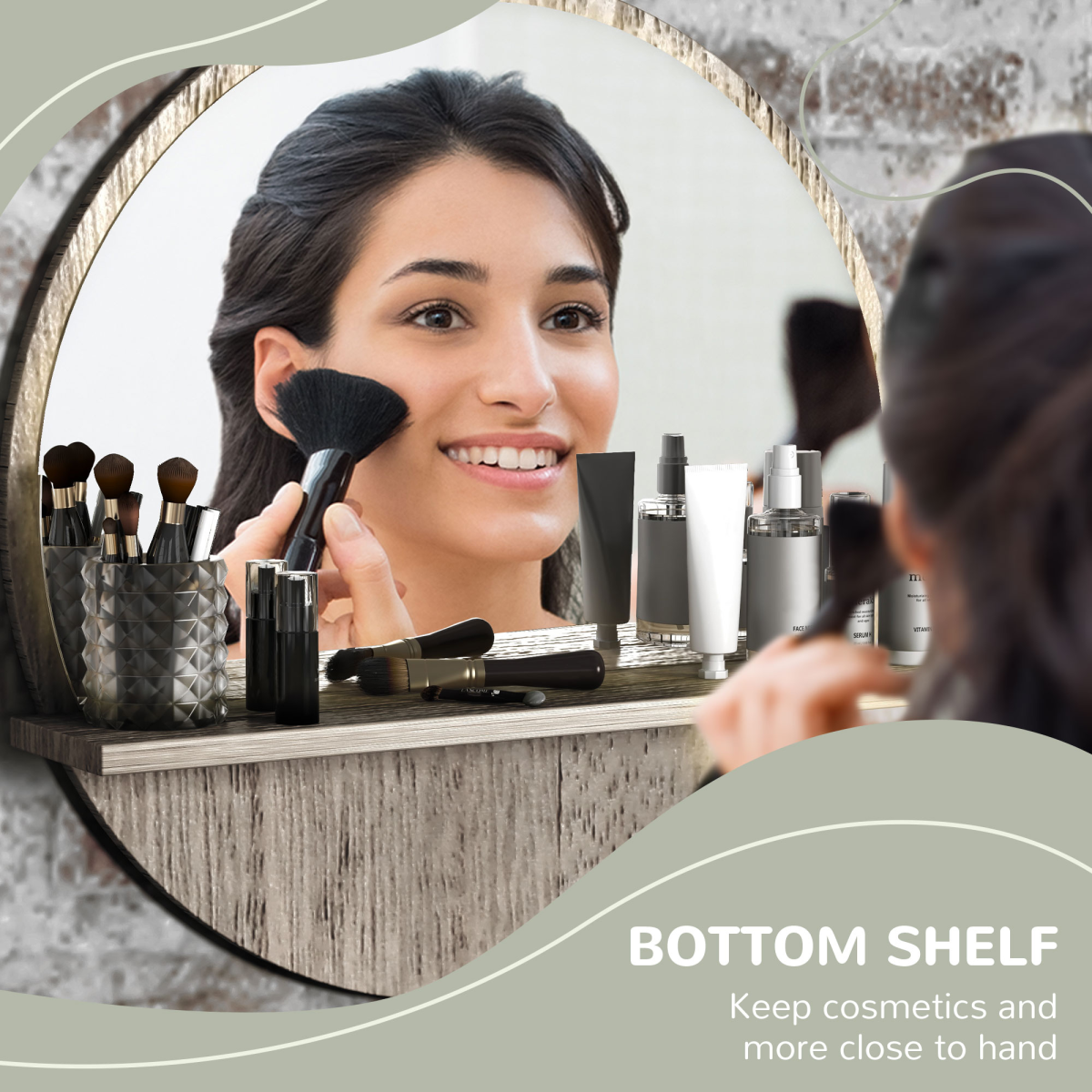 HOMCOM Round Wall Mirror with Shelf, Grey Wood Effect