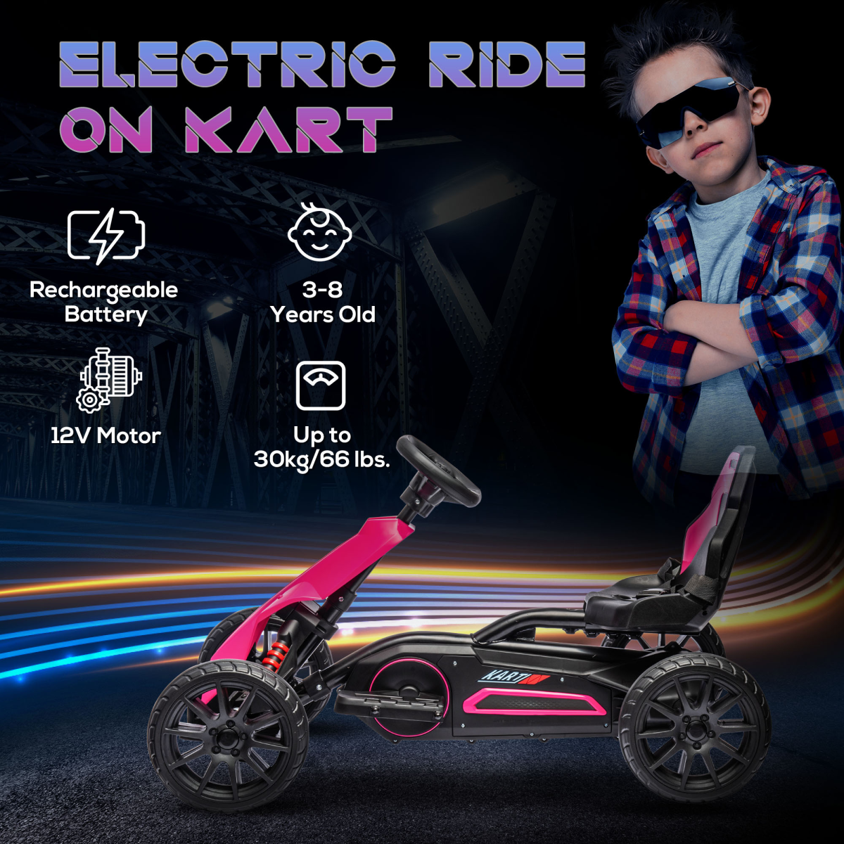 HOMCOM 12V Electric Go Kart, Forward/Reverse, 2 Speeds, Ages 3-8, Pink