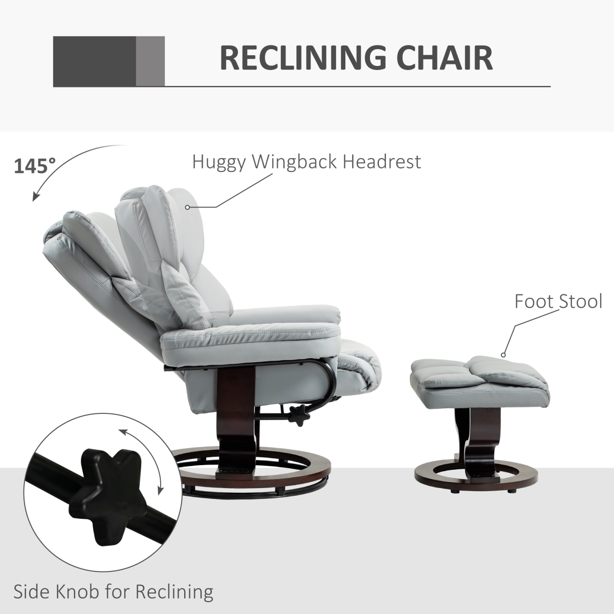HOMCOM Manual Swivel Recliner Armchair with Footstool, Light Grey