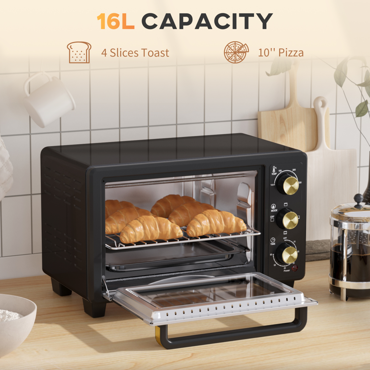 HOMCOM 16L Countertop Mini Oven 1400W with Adjustable Temp & Timer