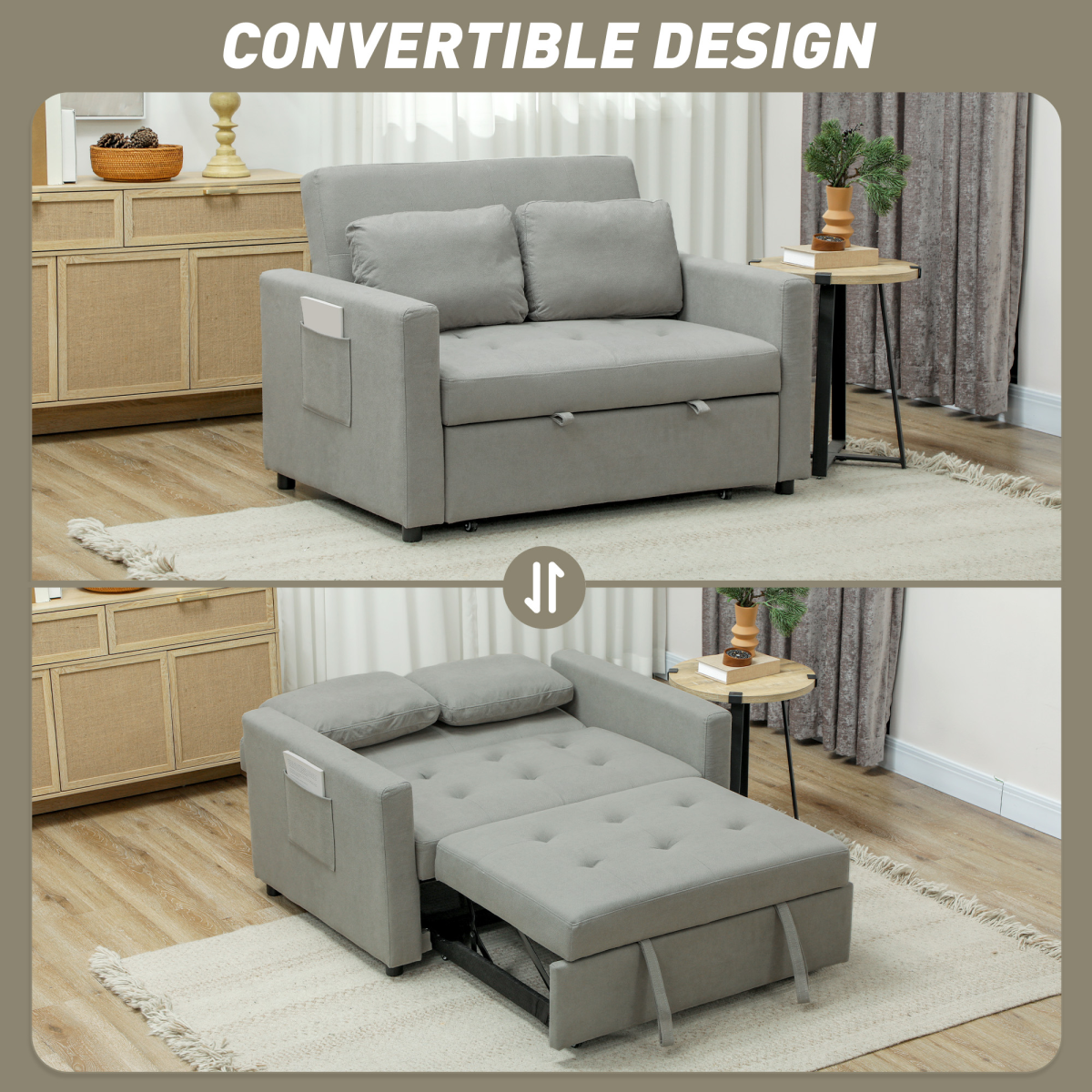 HOMCOM 2 Seater Click-Clack Sofa Bed with Cushions, Light Grey
