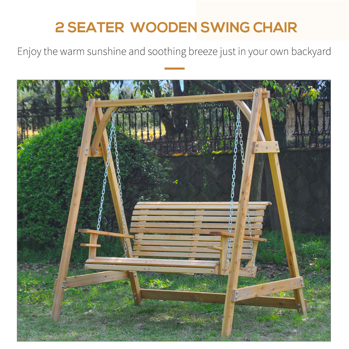 Outsunny 2-Seater Larch Wood Garden Swing Bench with Cup Trays