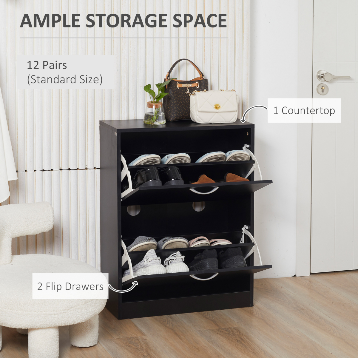 HOMCOM 2-Tier Shoe Cabinet, 12-Pair Storage Cupboard, Black
