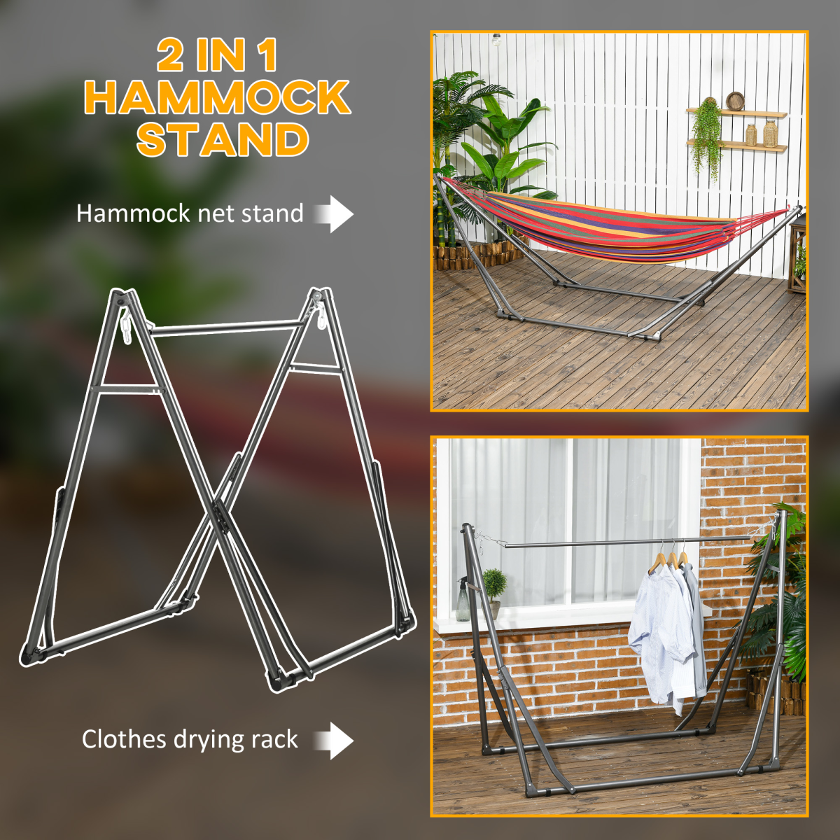 Outsunny Foldable 2-in-1 Hammock Stand & Clothes Drying Rack