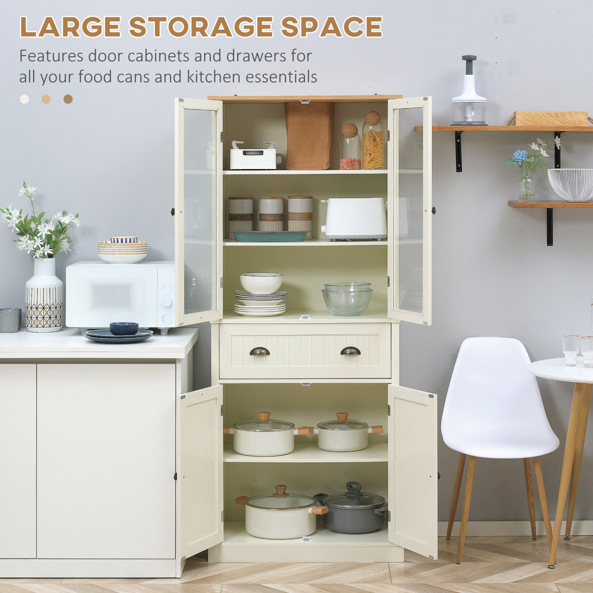 Kitchen Pantry Storage Cabinet, 5-Tier Adjustable Shelves, 4-Door with Drawer