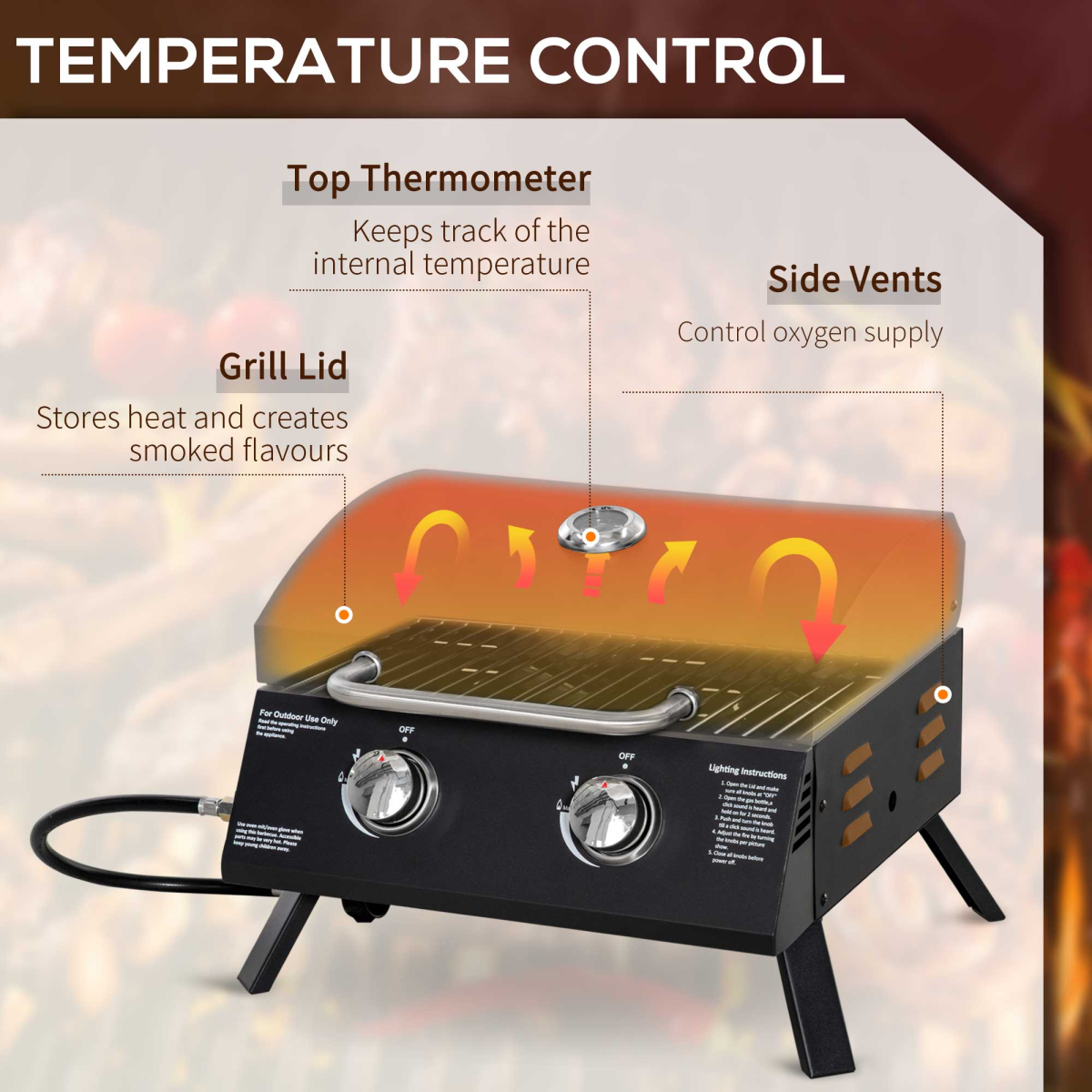 Outsunny 2 Burner Gas BBQ Grill Portable Folding Tabletop Barbecue with Lid Thermometer, Regulator and Hose Included, Black