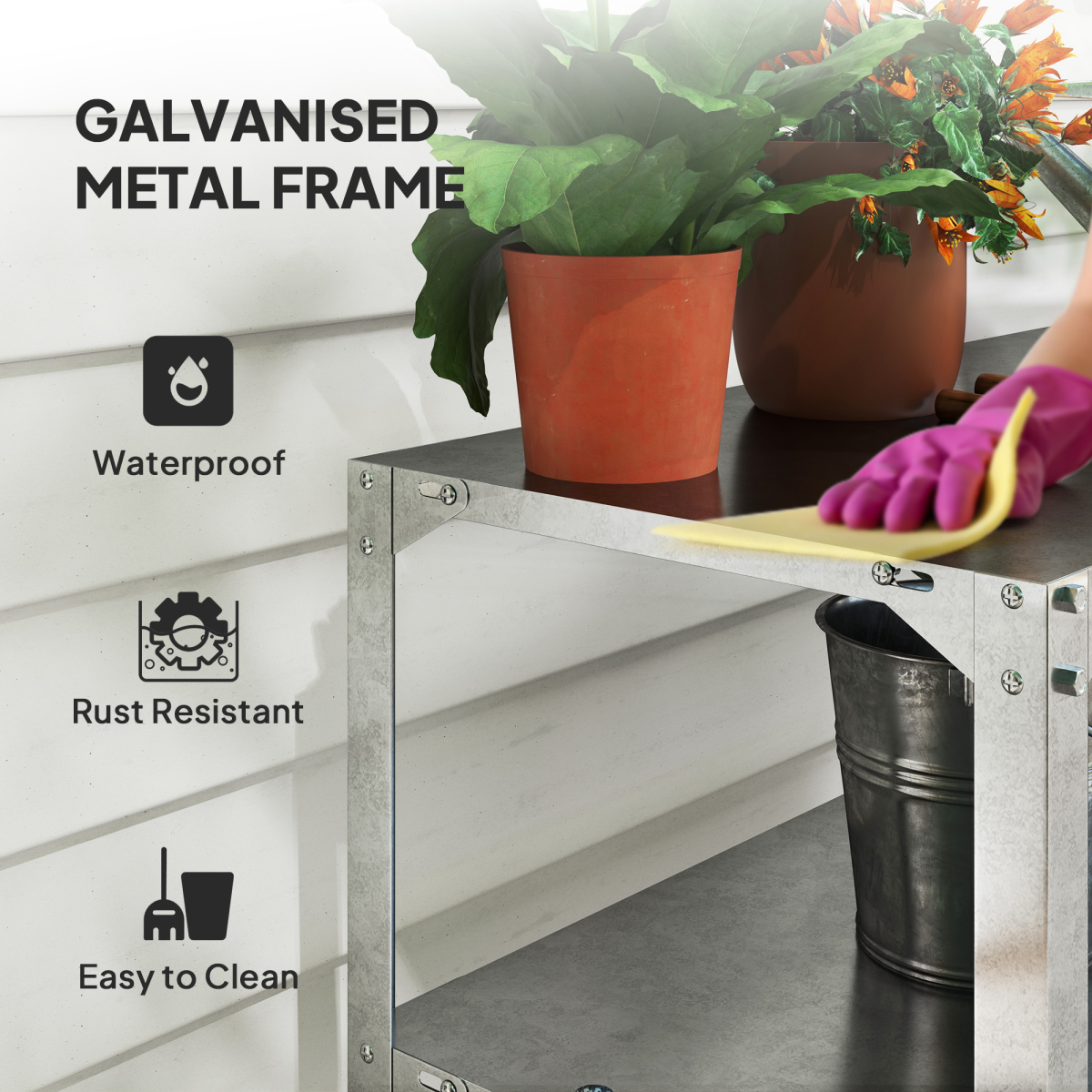 Outsunny 2 Tier Galvanised Steel Potting Bench Table, Silver Tone, Outdoor Gardening Work Bench with Storage Shelves