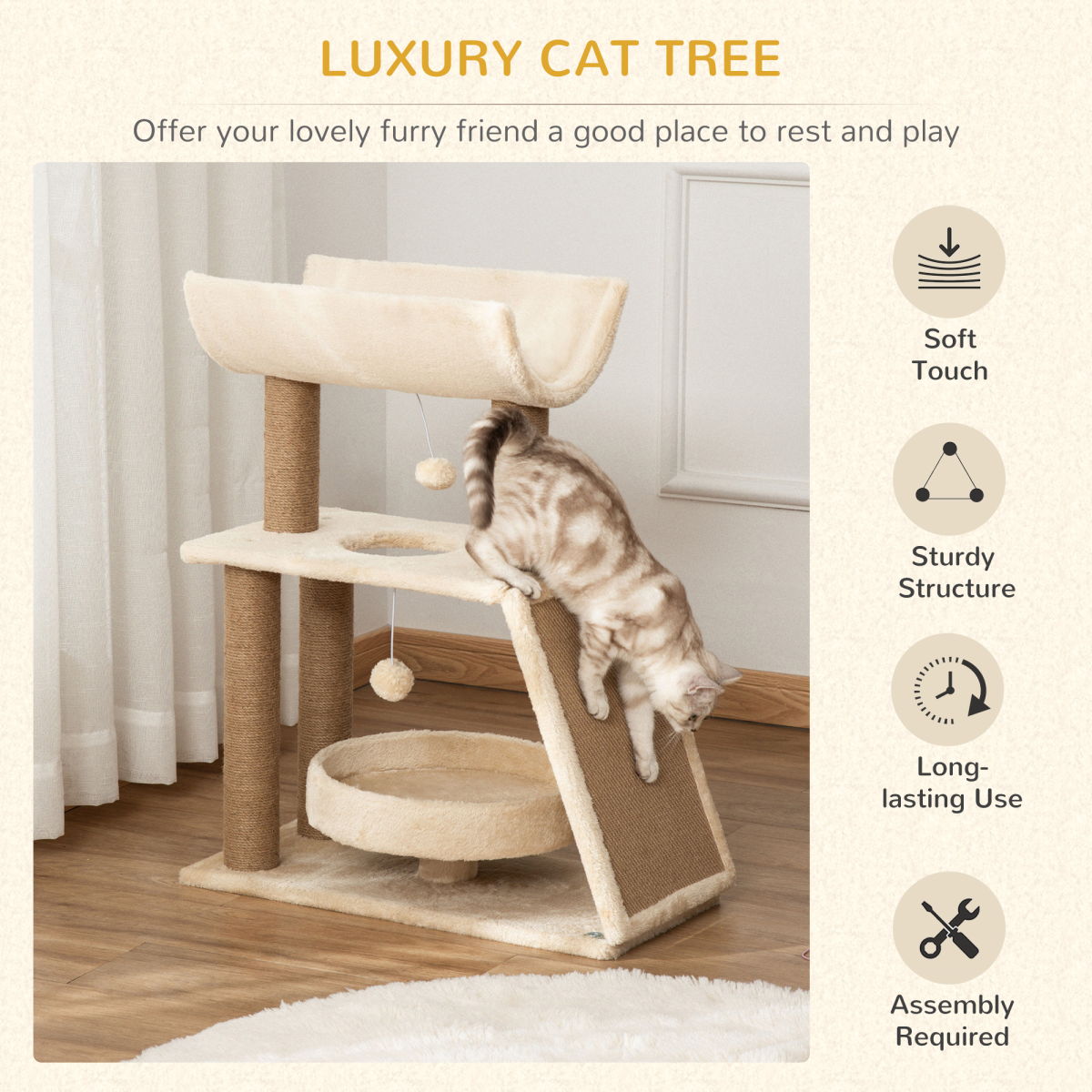 PawHut Multi-Level Cat Tree Kitten Tower with Scratching Post, Scratching Pad, Bed, Perch and Dangling Toy Balls