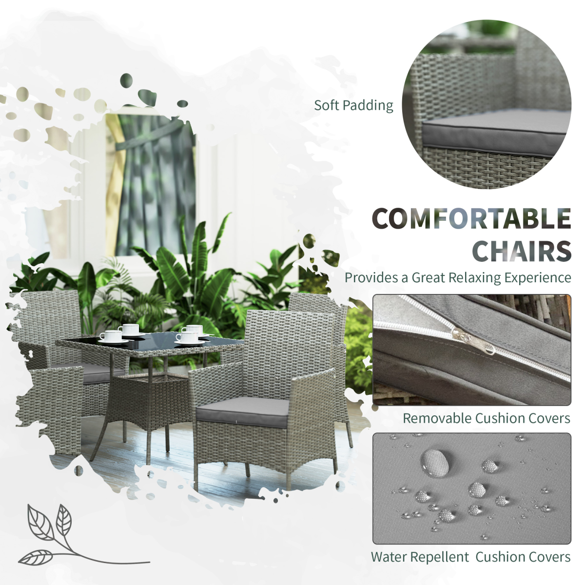 Outsunny 5-Piece Outdoor Rattan Dining Set for 4 with Cushions, Light Grey
