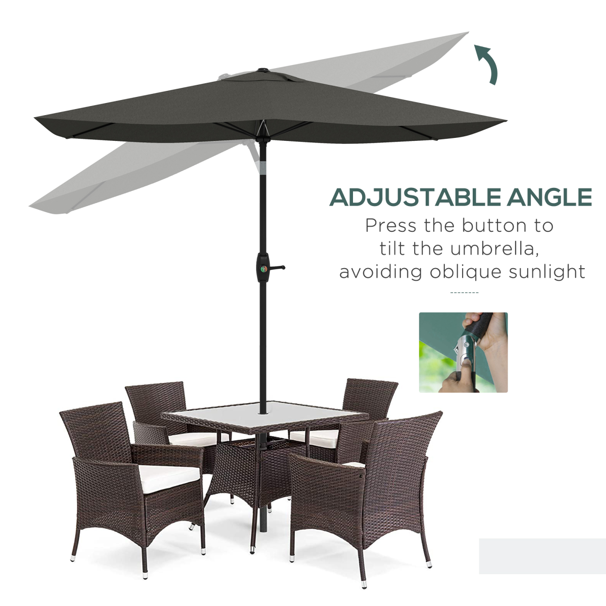Outsunny 2 x 3m Rectangular Garden Parasol with Crank, Adjustable Angle, Dark Grey