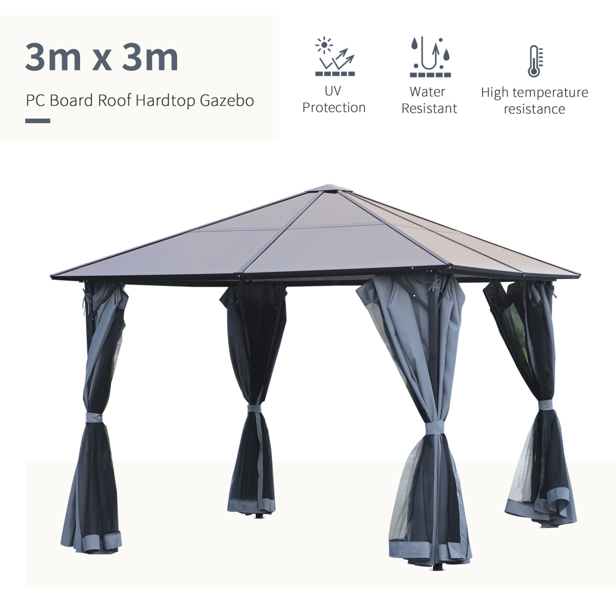 3x3m Polycarbonate Hardtop Gazebo with Aluminium Frame, Netting & Curtains
