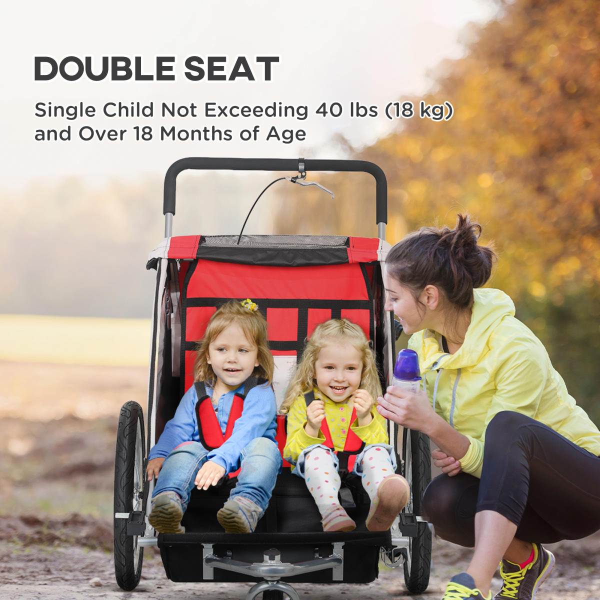 HOMCOM 2-Seat Kids Bike Trailer with Safety Harness, Red