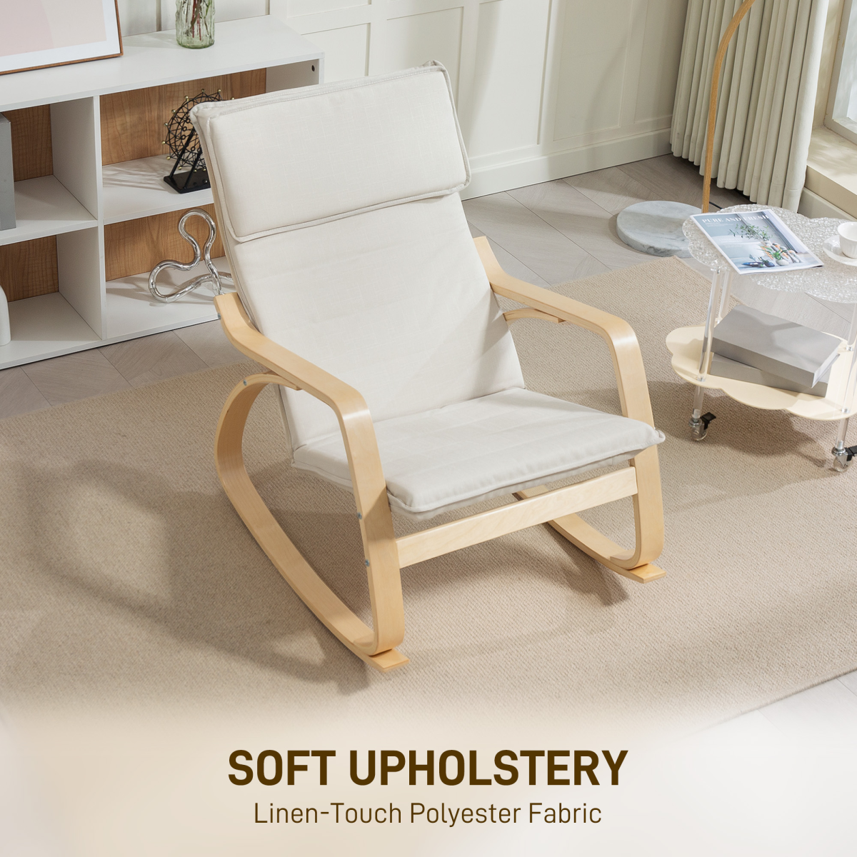HOMCOM Cream White Linen-Feel High Back Rocking Chair with Headrest