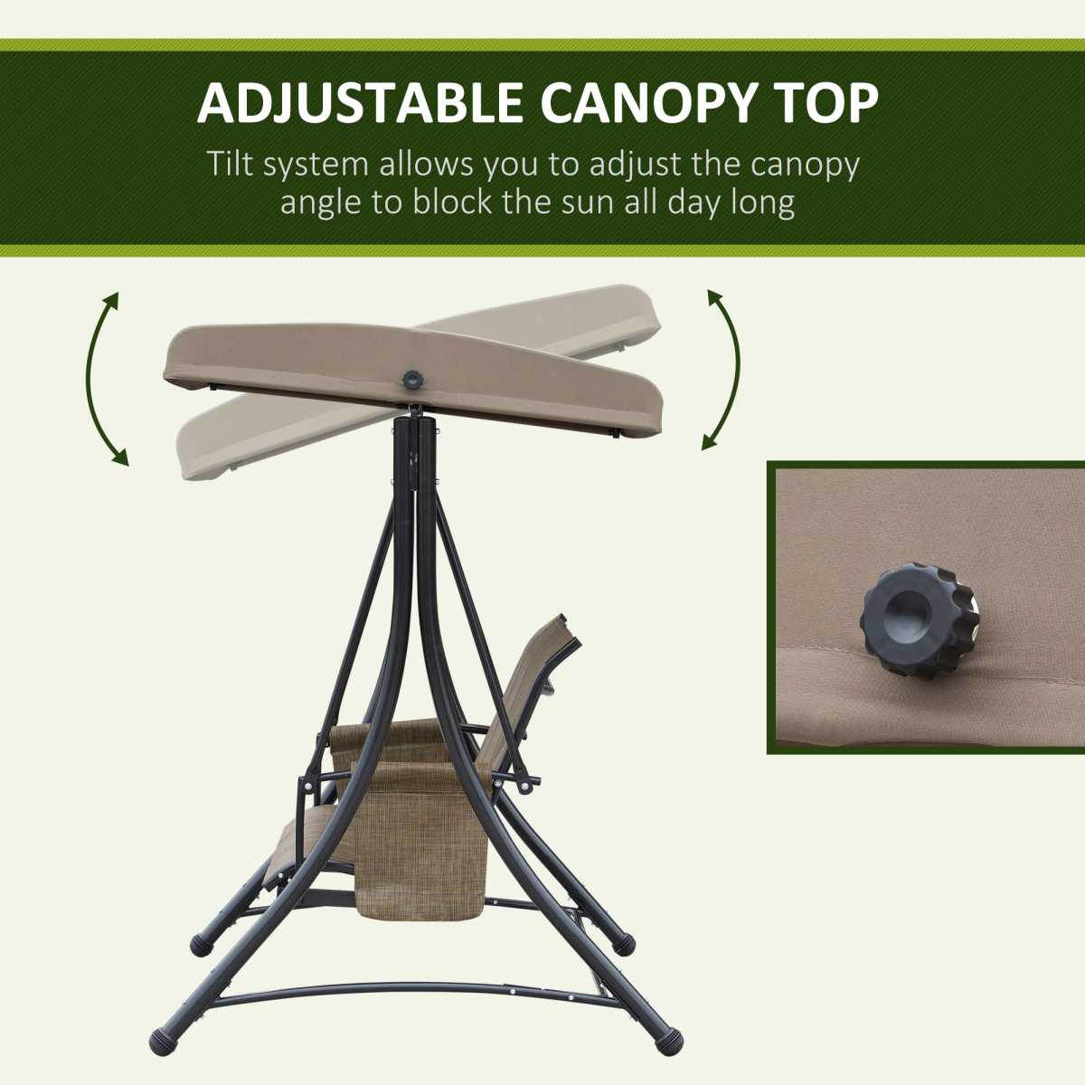 Outsunny 3-Person Swing Chair with Adjustable Canopy, Side Pockets and High Back, Brown