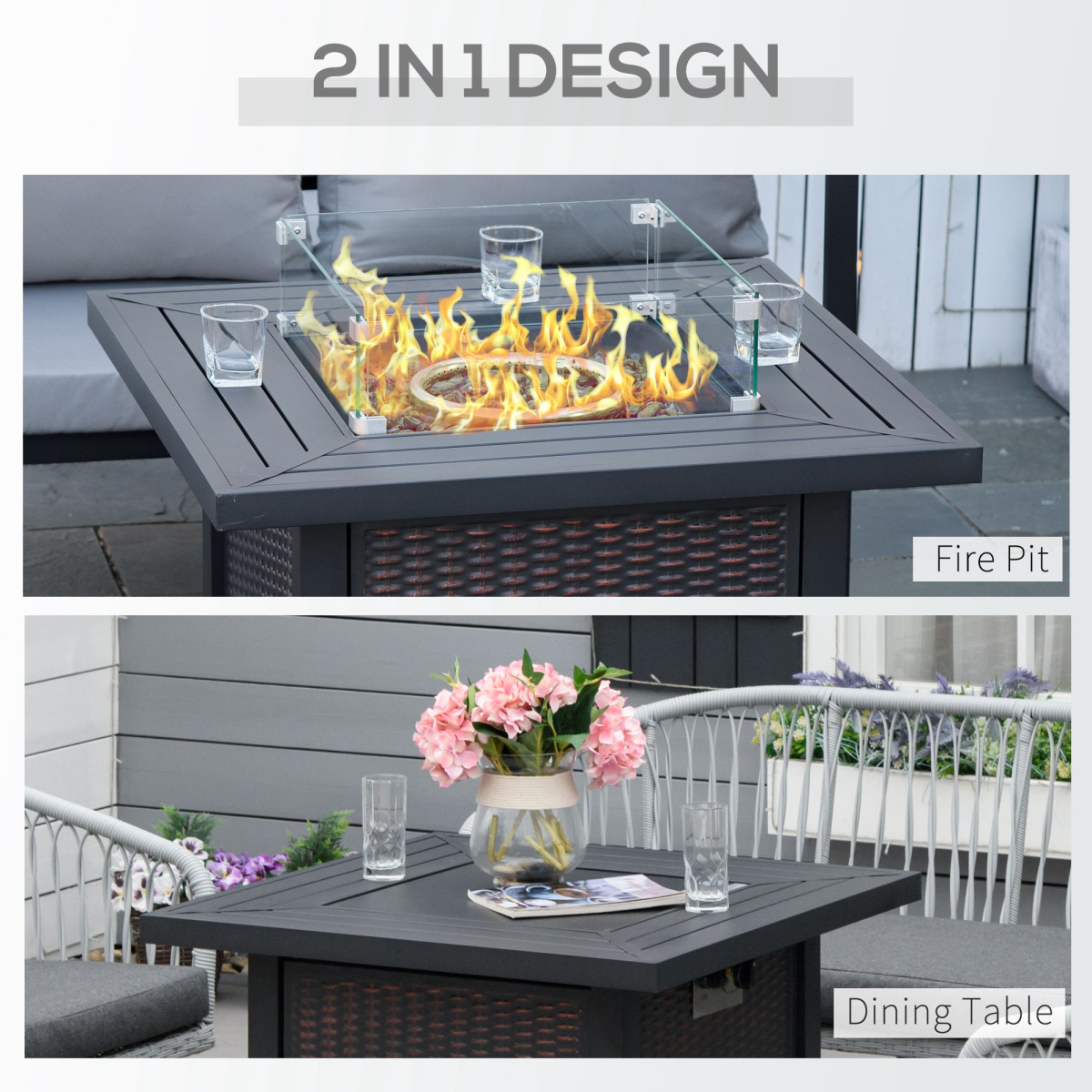 Outdoor Propane Gas Fire Pit Table with Glass Wind Screen and Glass Beads, Black, 50000 BTU, Outsunny