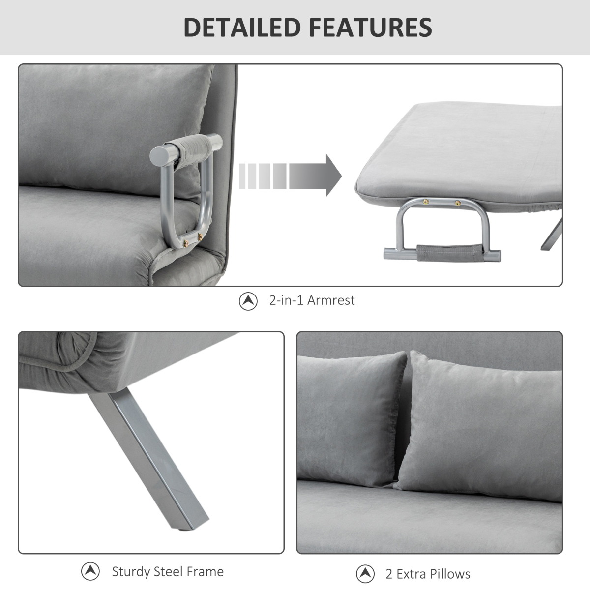 HOMCOM 2 Seater Fabric Sofa Bed with 2 Pillows, Light Grey