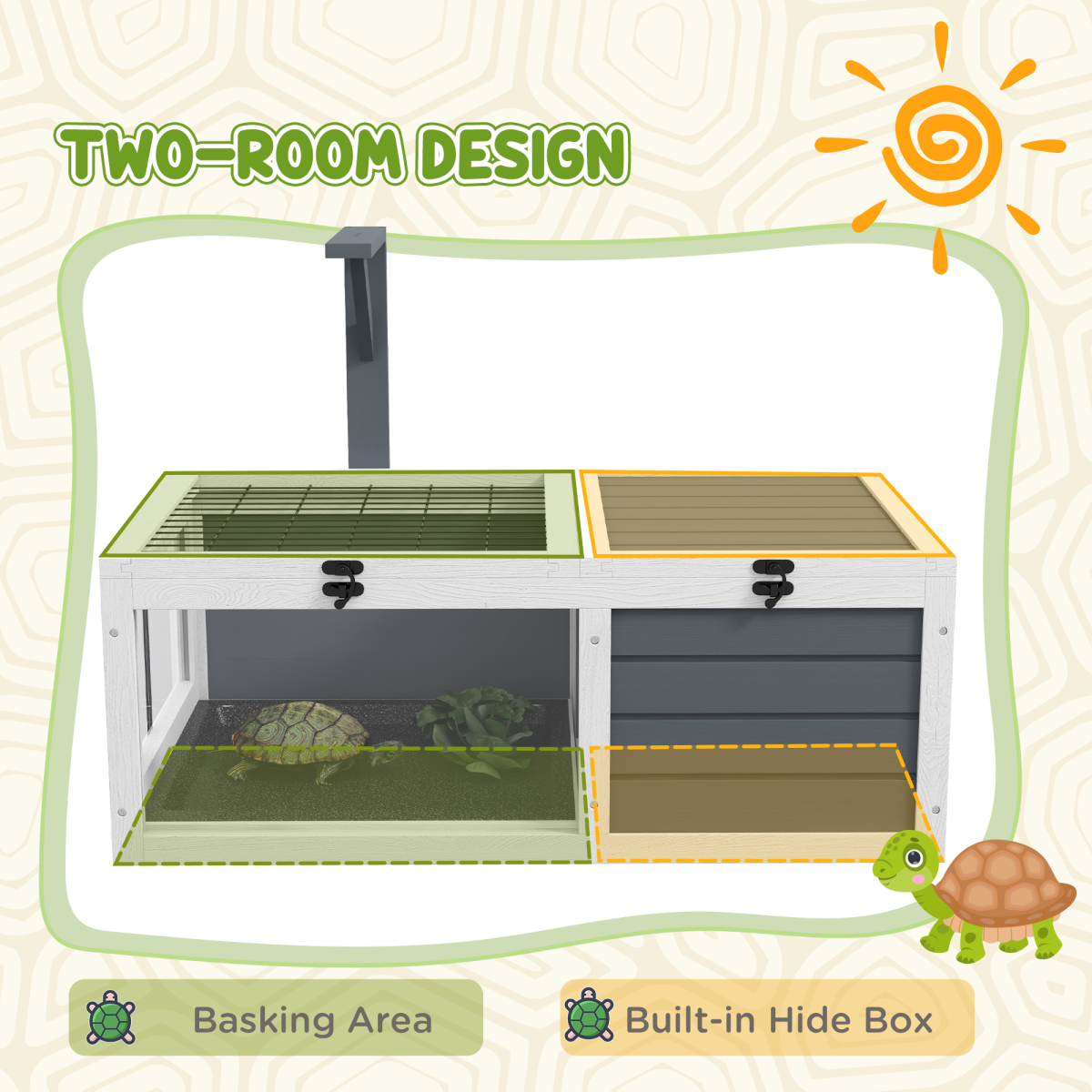 PawHut Grey Wooden Tortoise House with Basking Area & Lamp Holder