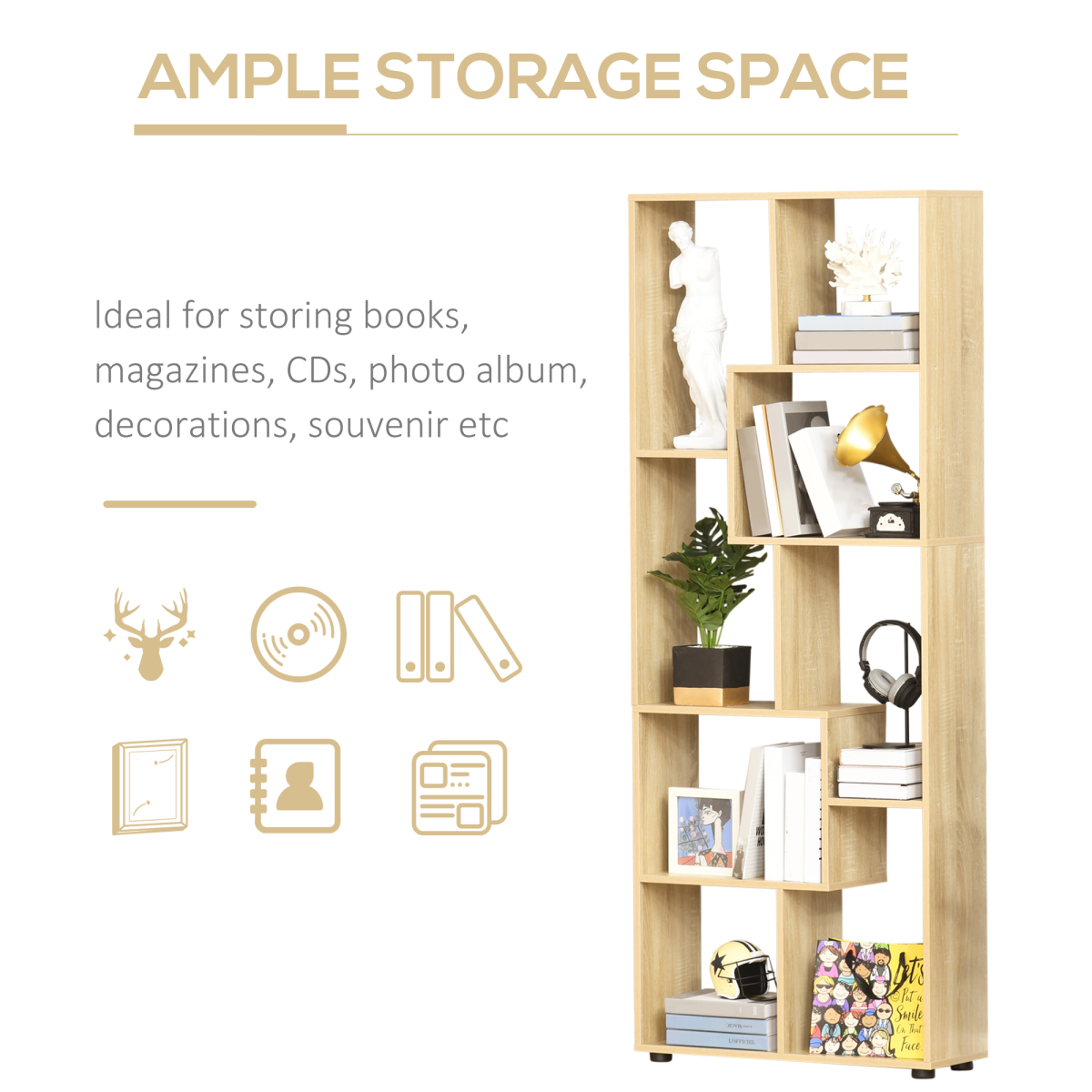 HOMCOM 178cm 8-Shelf Oak Tone Bookcase with Melamine Surface and Anti-Tipping Design