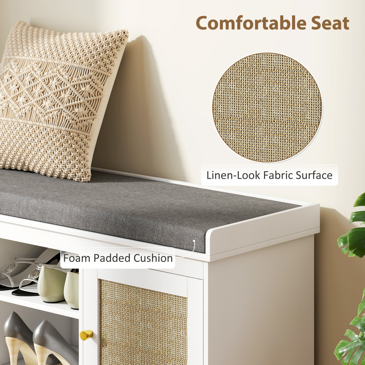 HOMCOM Boho Rattan Shoe Storage Bench with Padded Seat