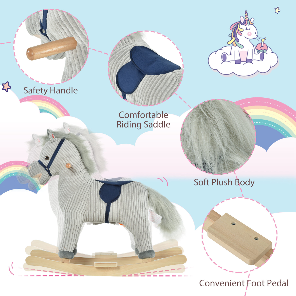 HOMCOM Kids Rocking Horse Ride-On with Sound, Wooden Base