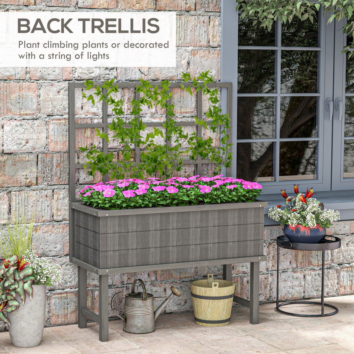 Outsunny Wood Raised Planter with Trellis, Drain Holes, Elevated Garden Bed, Grey