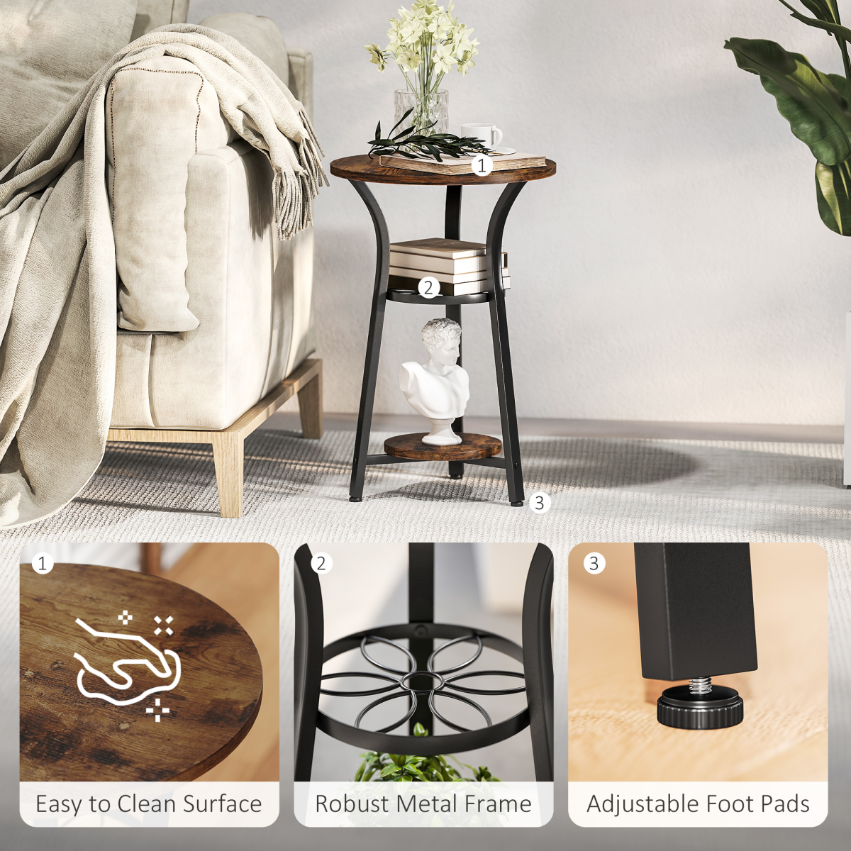 HOMCOM 38 cm Round 3-Tier Industrial Side Table, Rustic Brown