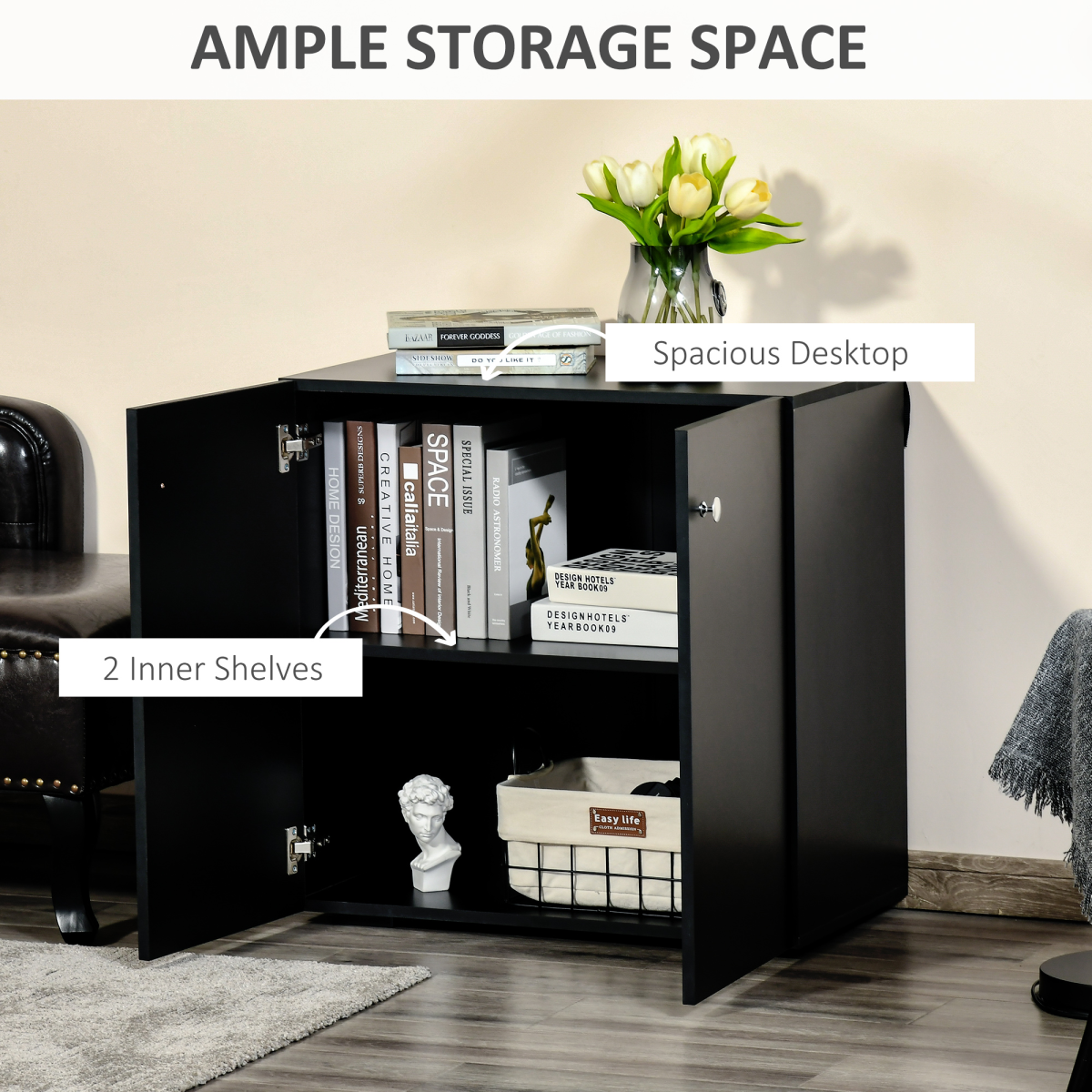 HOMCOM Freestanding Storage Cabinet with Two Shelves, Wooden Sideboard, Black