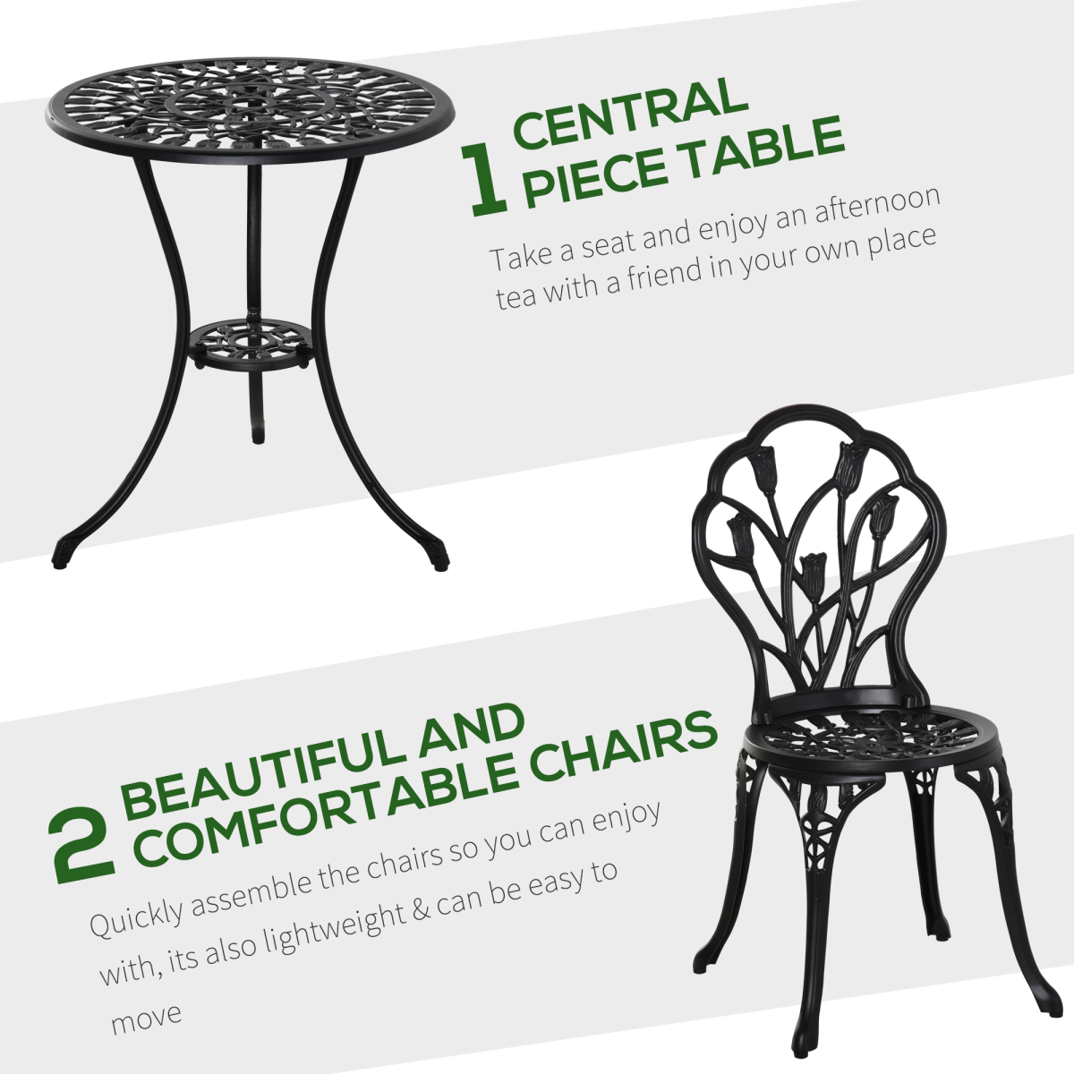 Outsunny 3 Piece Aluminium Bistro Set with Umbrella Hole, Black Garden Furniture