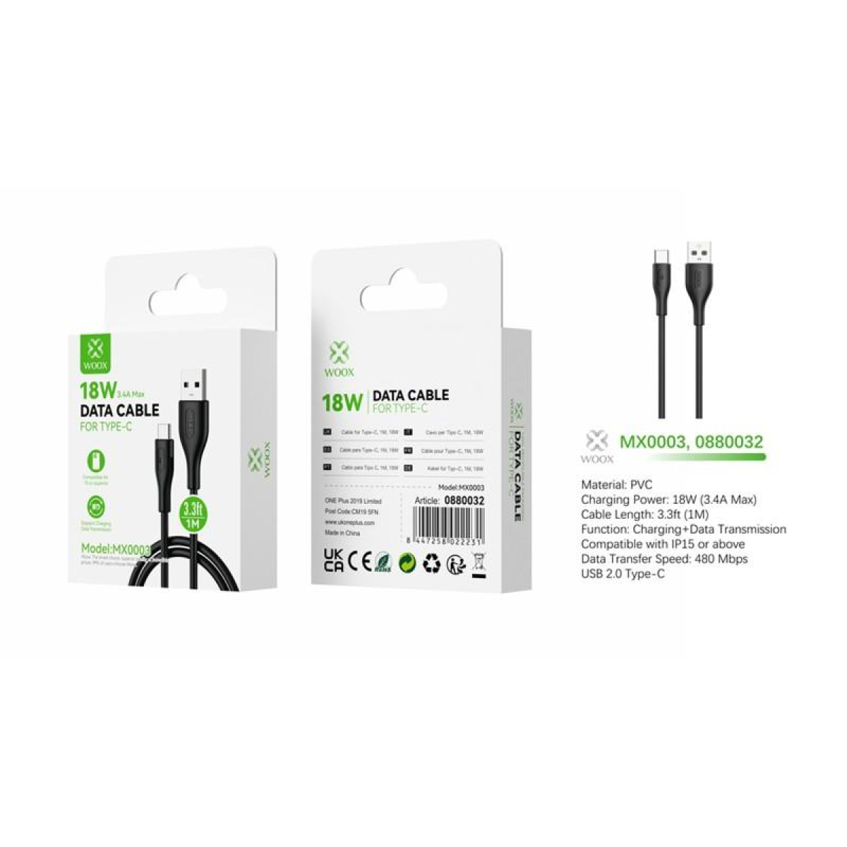 Woox USB to Type C PVC Data Cable, 18W, 3.3ft, Black