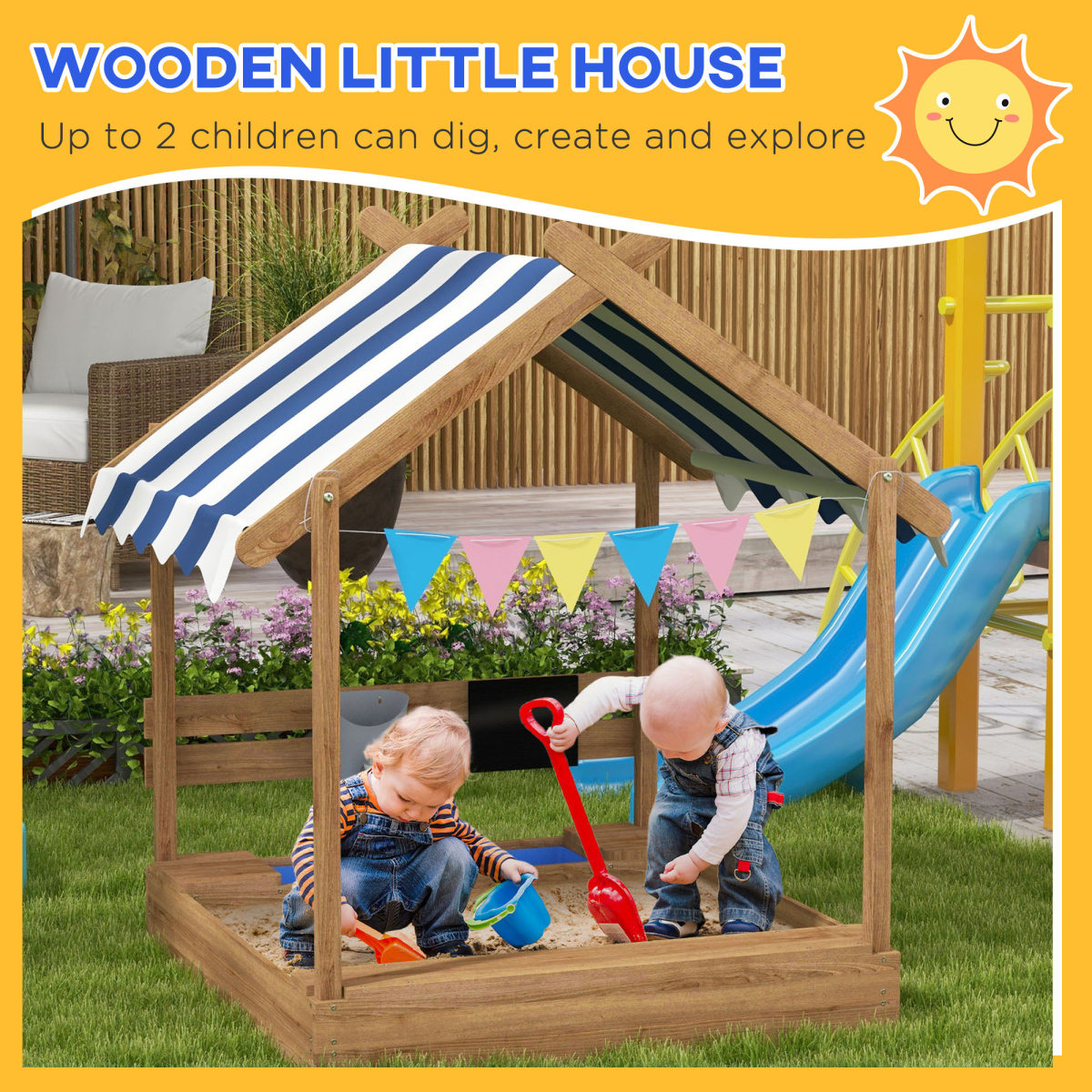 Outsunny Kids Wooden Sand Pit with Canopy, Blackboard, Sink, Seats and Toys