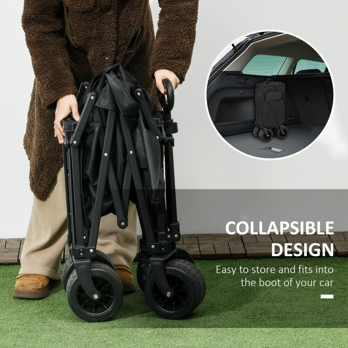 Outsunny Foldable Garden Cart Outdoor Utility Wagon with Carry Bag, Black