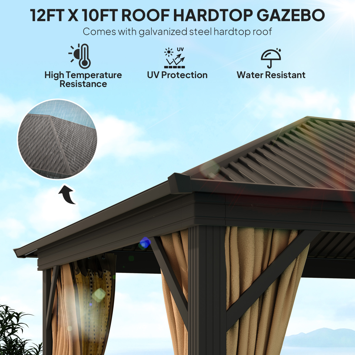 Outsunny 3.63 x 3m Metal Hardtop Garden Gazebo with Screened Curtains, Brown