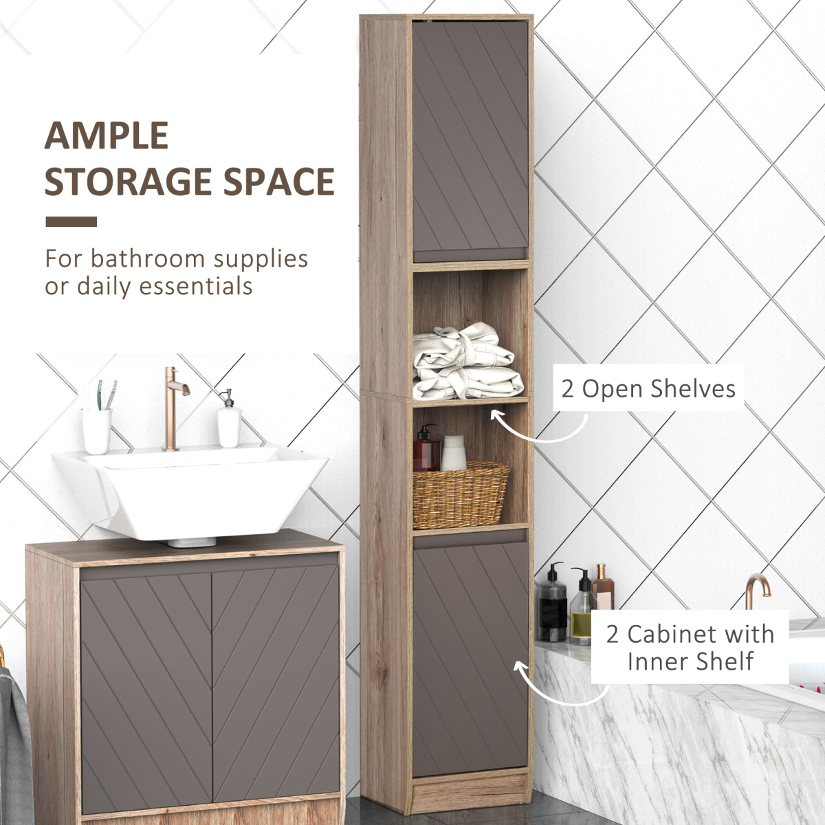 170cm Slimline Freestanding Storage Cabinet with 2 Cupboards