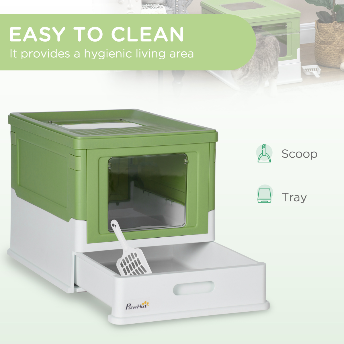 PawHut Enclosed Top-Entry Cat Litter Box with Scoop, Lime Green
