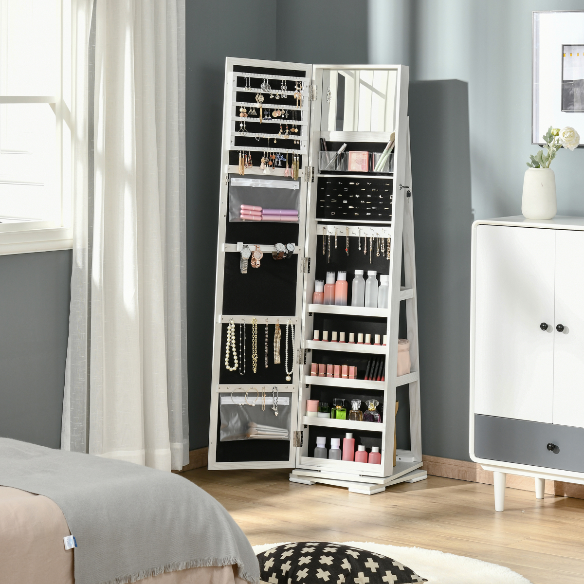 Full Length Mirror Jewelry Cabinet, 360° Rotating, Lockable