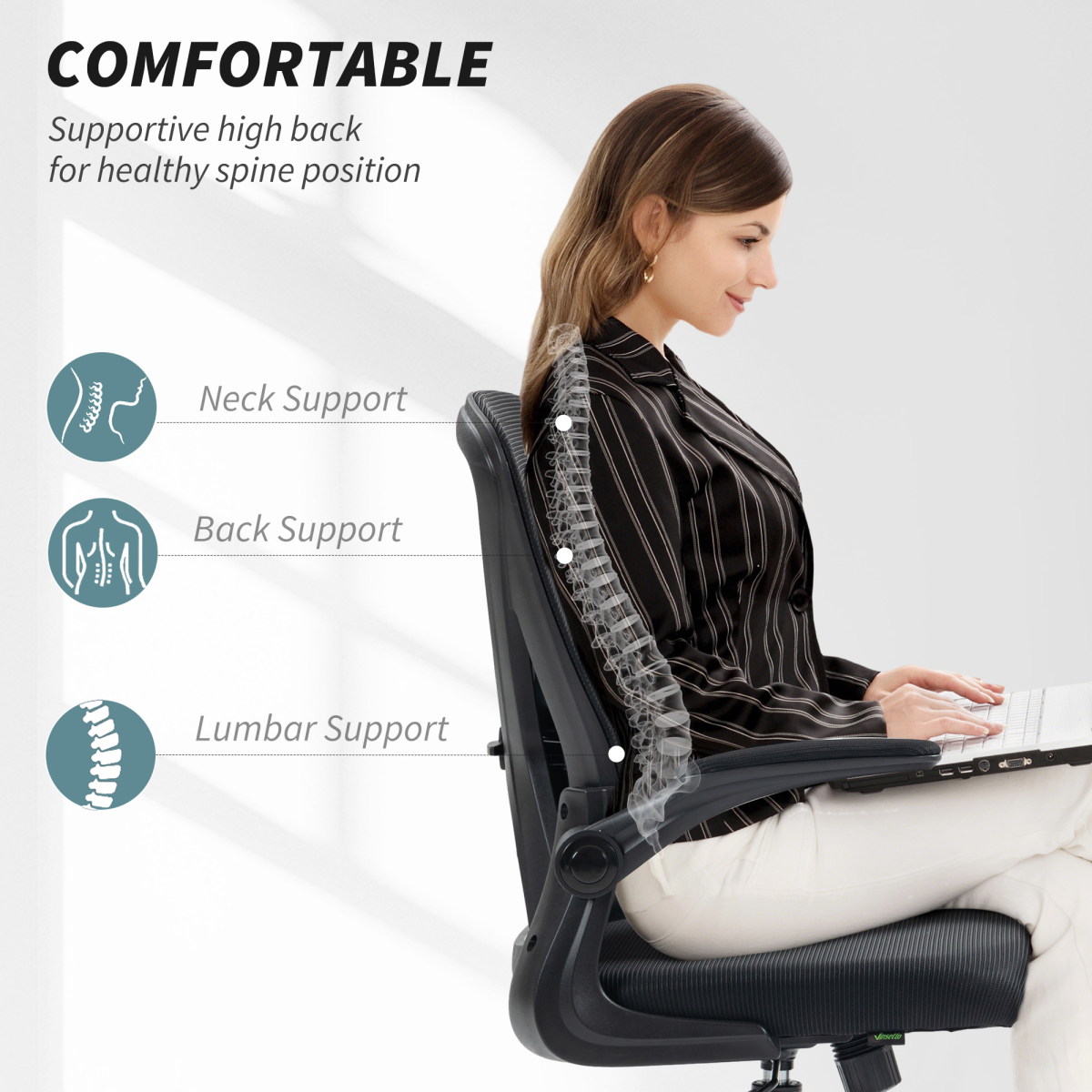 Vinsetto Mesh Office Chair with Lumbar Support, Tilt Function, Adjustable Height, Flip-Up Armrests and Swivel Wheels